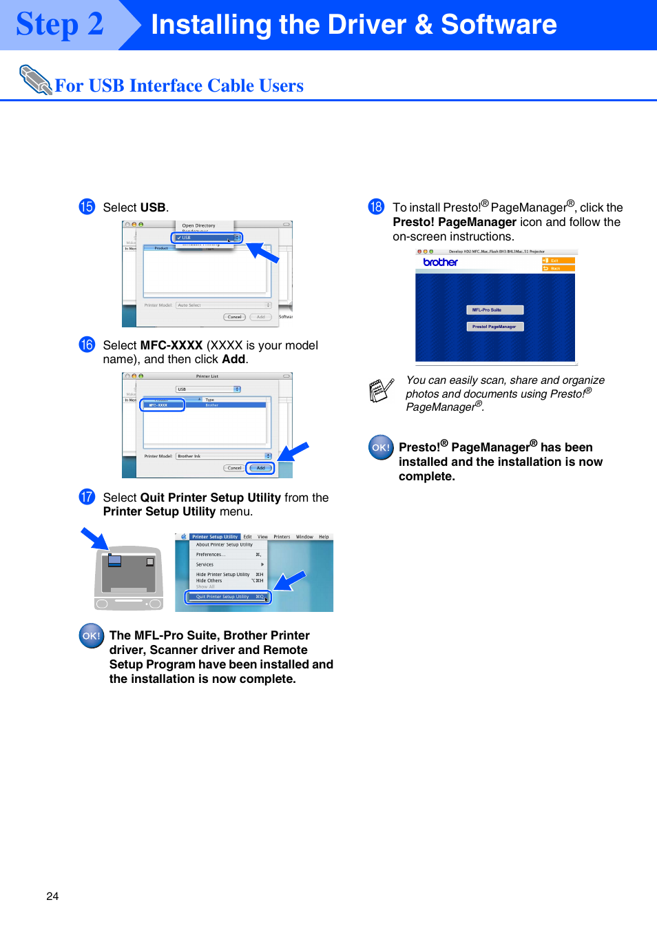 Step 2, Installing the driver & software, For usb interface cable users | Brother MFC 5840CN User Manual | Page 26 / 39
