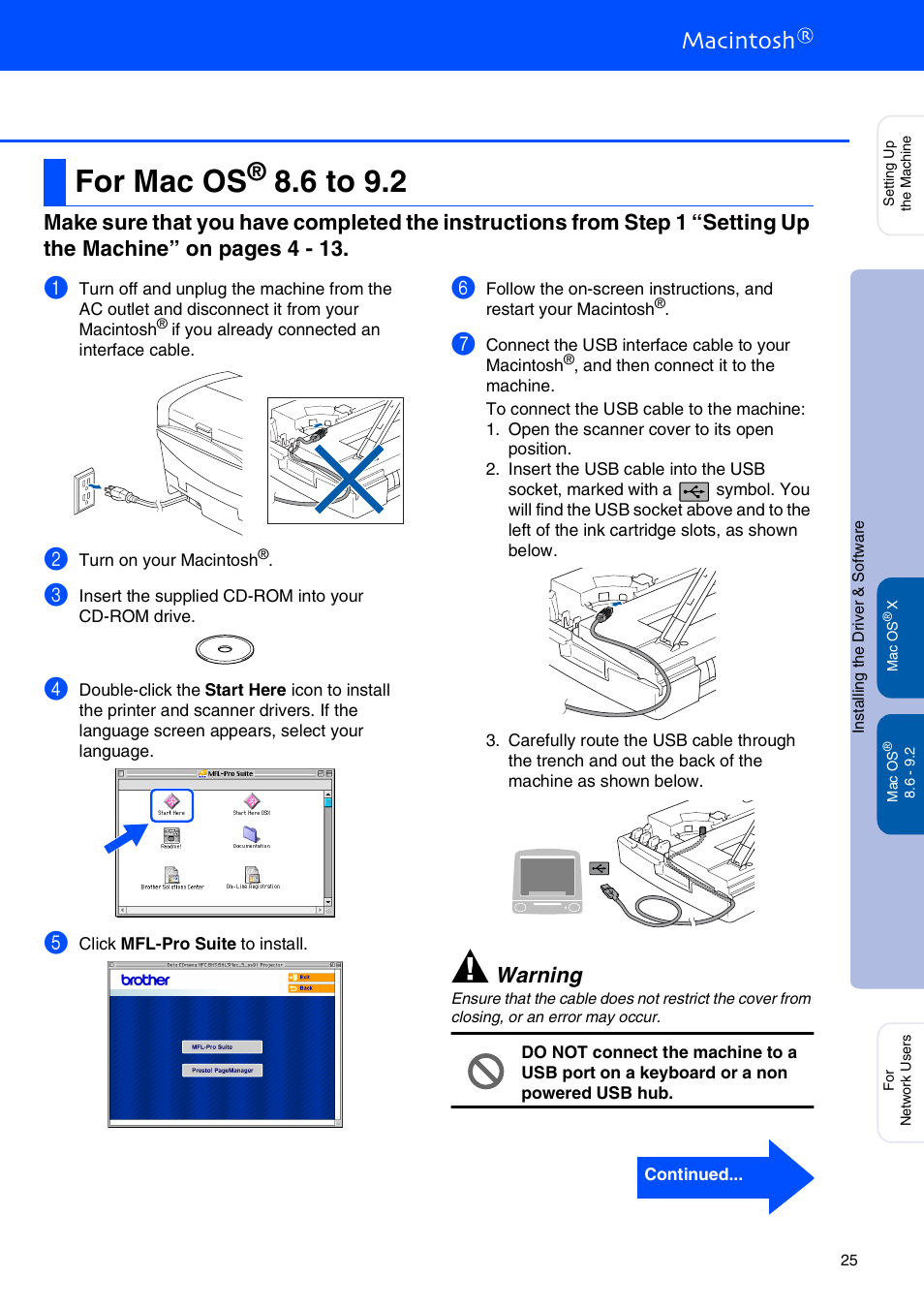 For mac os® 8.6 to 9.2, For mac os, 6 to 9.2 | For usb interface cable users ■ mac os, Warning | Brother MFC 5840CN User Manual | Page 27 / 39