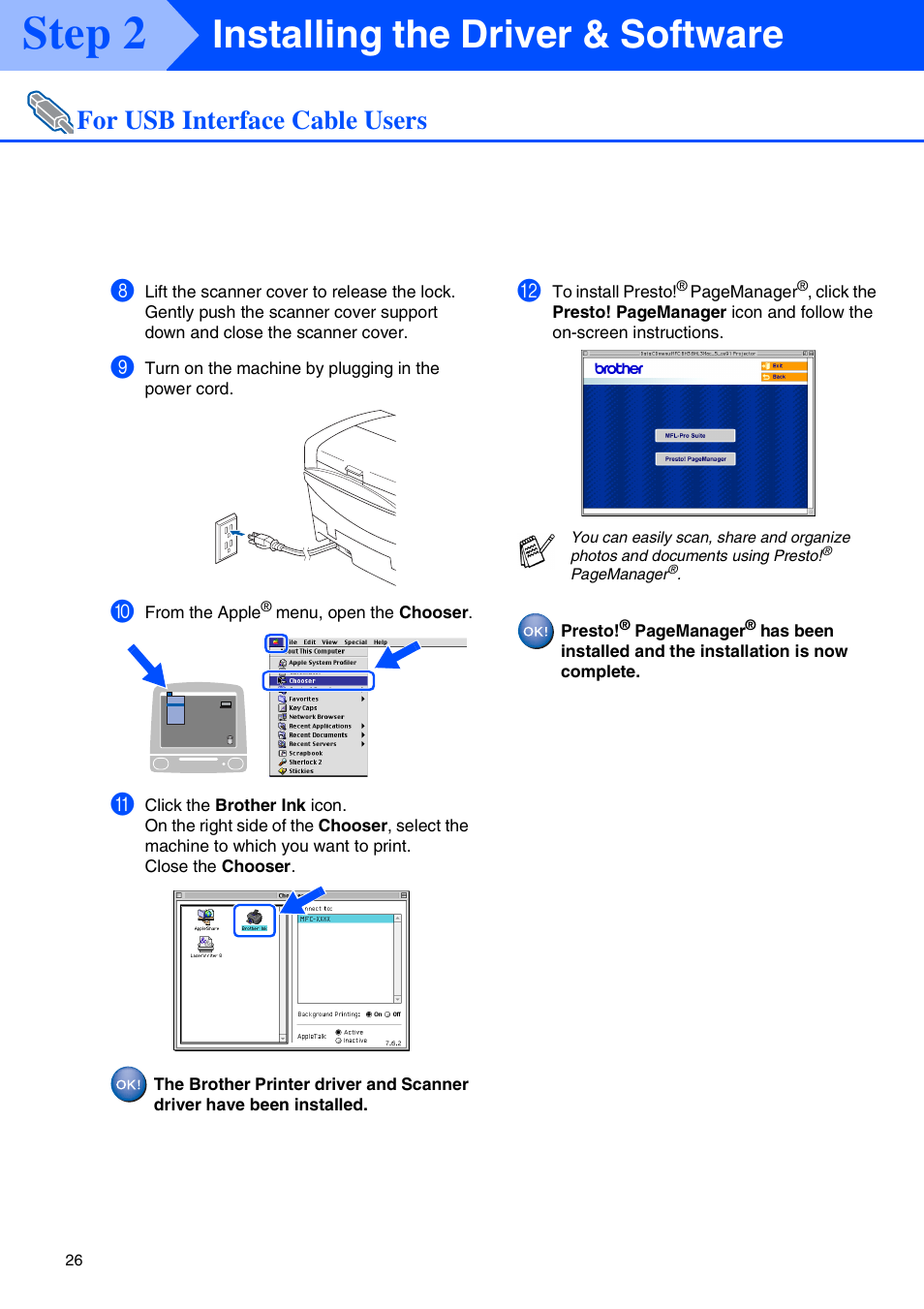 Step 2, Installing the driver & software, For usb interface cable users | Brother MFC 5840CN User Manual | Page 28 / 39