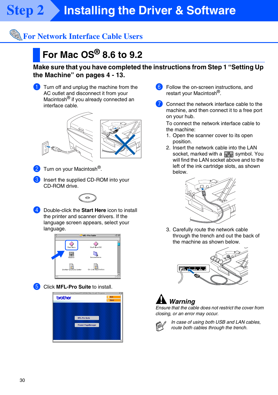 For mac os® 8.6 to 9.2, For mac os, 6 to 9.2 | Mac os, Step 2, Installing the driver & software, For network interface cable users | Brother MFC 5840CN User Manual | Page 32 / 39