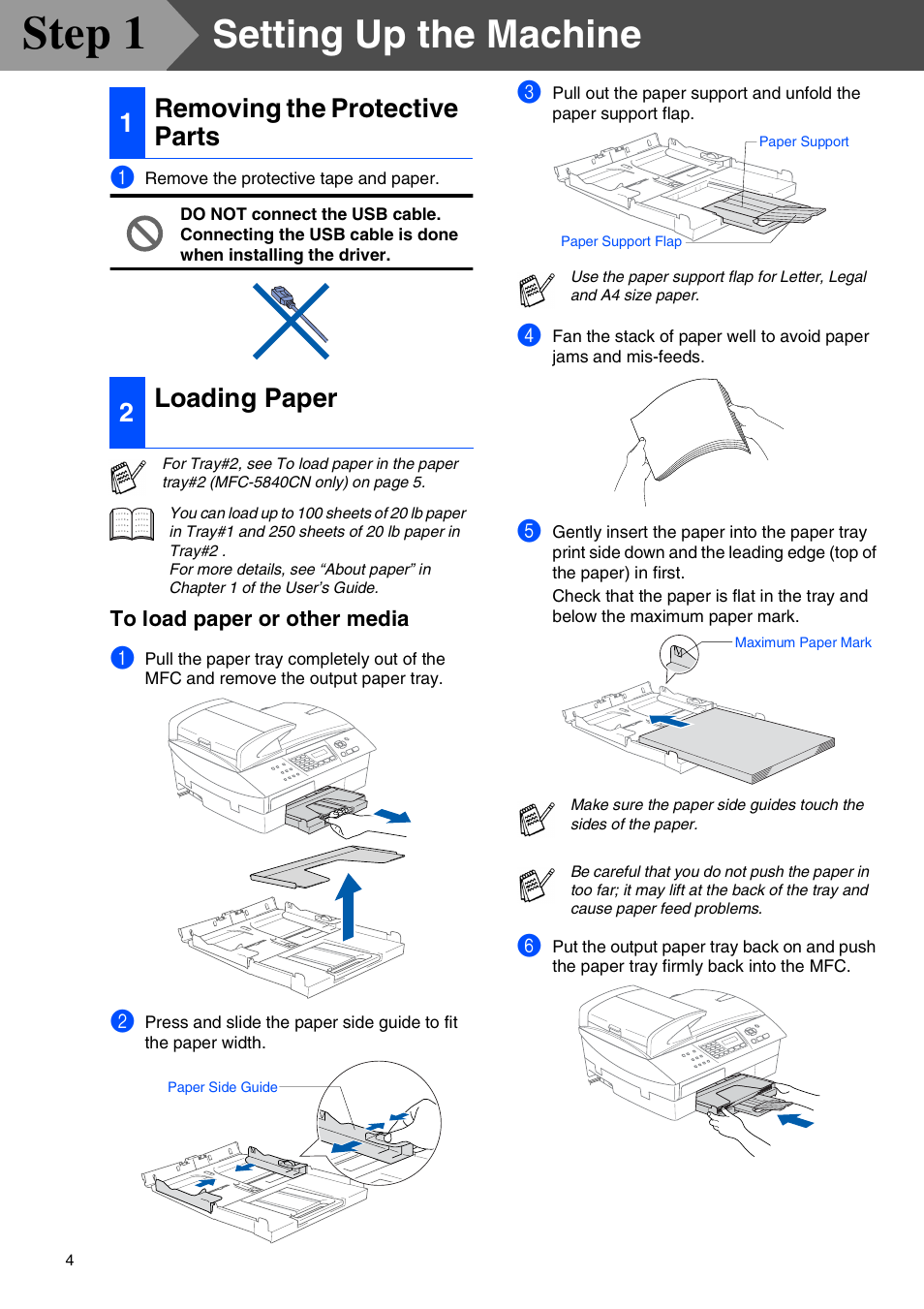 Step1 setting up the machine, 1 removing the protective parts, 2 loading paper | Setting up the machine, Removing the protective parts, Loading paper, Step 1, 1removing the protective parts 2 loading paper | Brother MFC 5840CN User Manual | Page 6 / 39