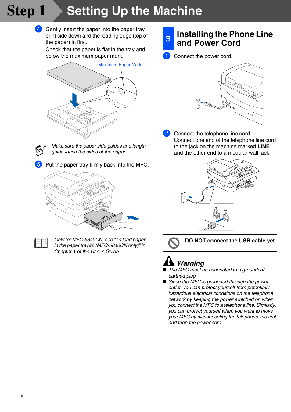 3 installing the phone line and power cord, Installing the phone line and power cord, Step 1 | Setting up the machine, 3installing the phone line and power cord | Brother MFC 5840CN User Manual | Page 8 / 39