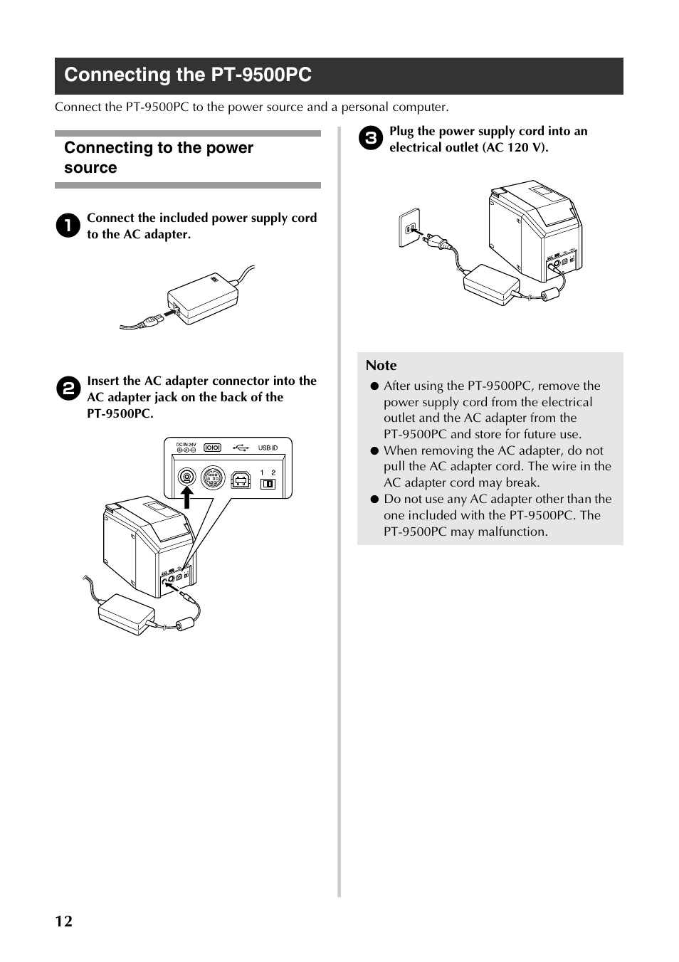 Connecting the pt-9500pc, Connecting to the power source | Brother PT-9500PC User Manual | Page 13 / 62