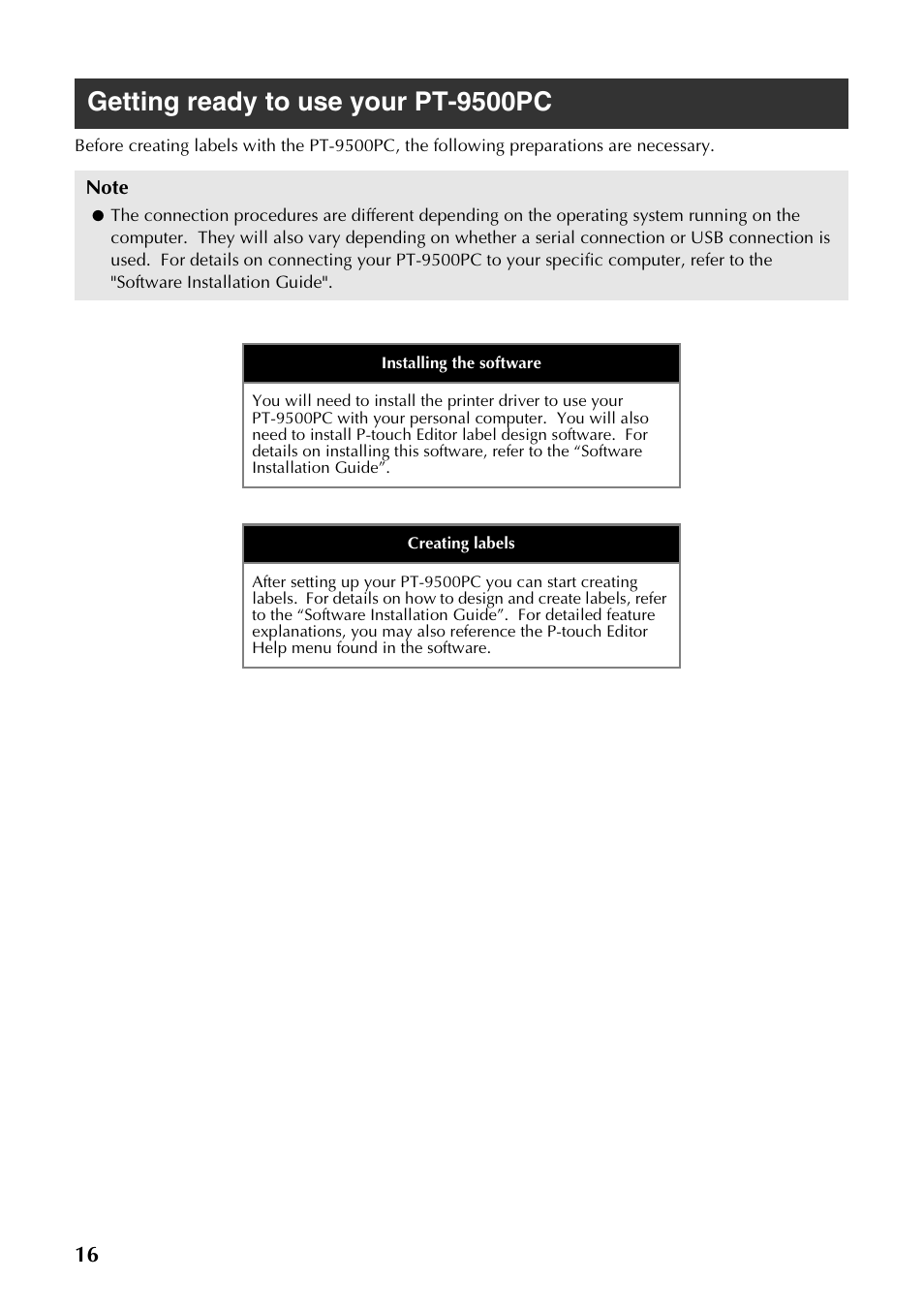 Getting ready to use your pt-9500pc | Brother PT-9500PC User Manual | Page 17 / 62