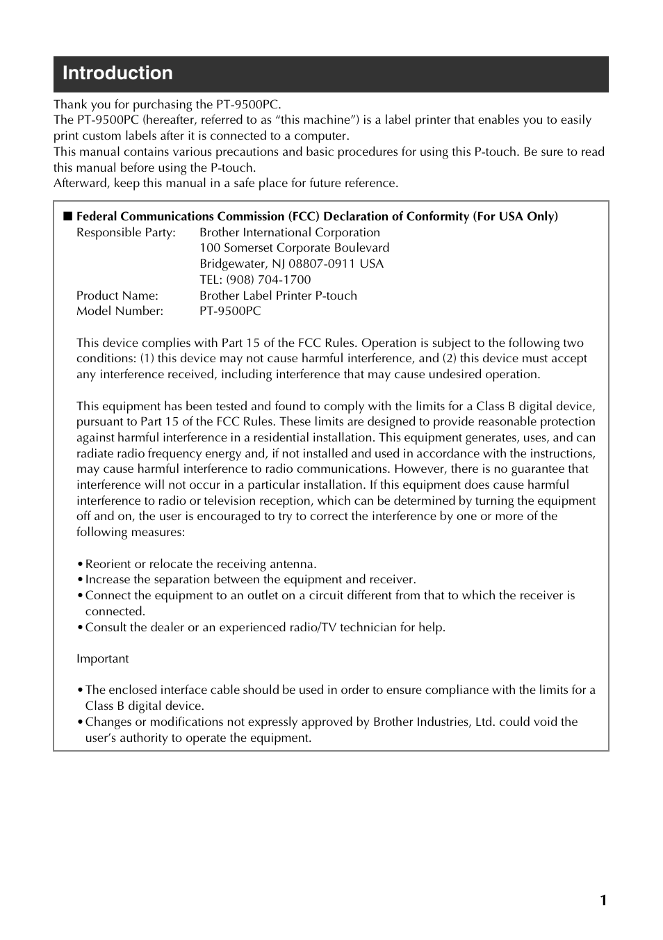 Introduction | Brother PT-9500PC User Manual | Page 2 / 62