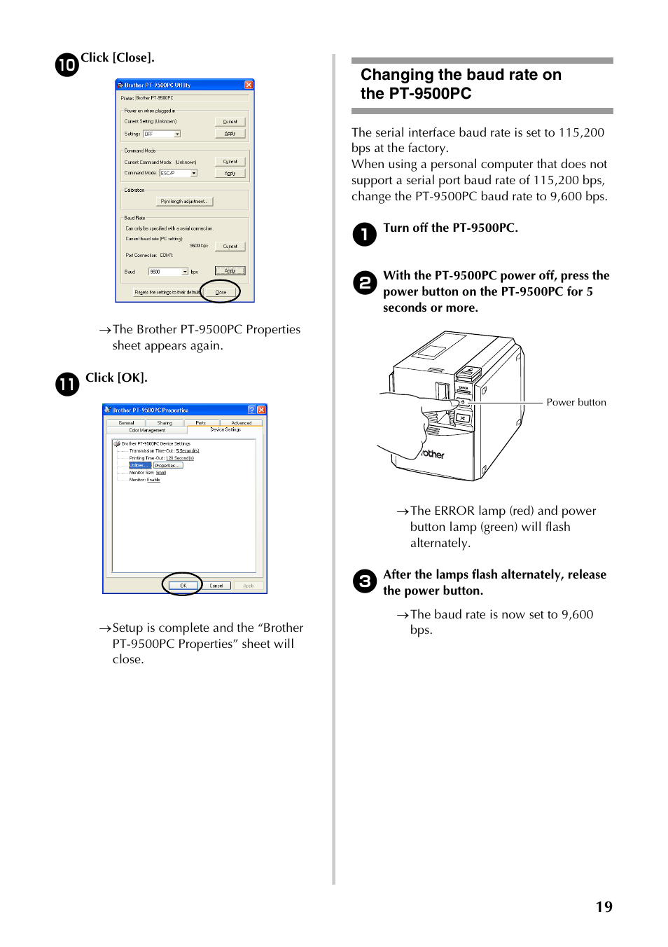 Changing the baud rate on the pt-9500pc | Brother PT-9500PC User Manual | Page 20 / 62
