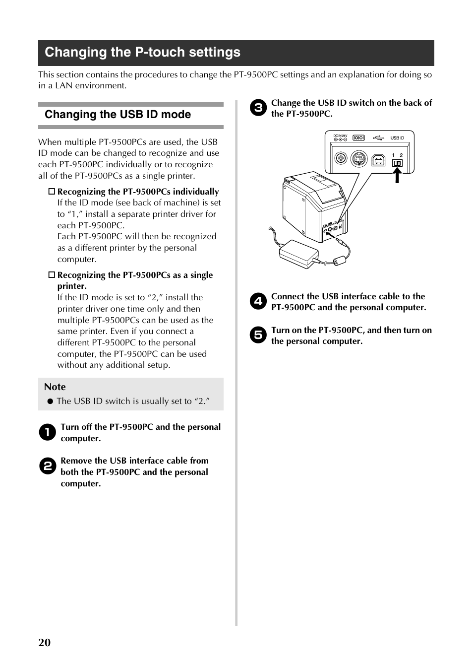 Changing the p-touch settings, Changing the usb id mode | Brother PT-9500PC User Manual | Page 21 / 62