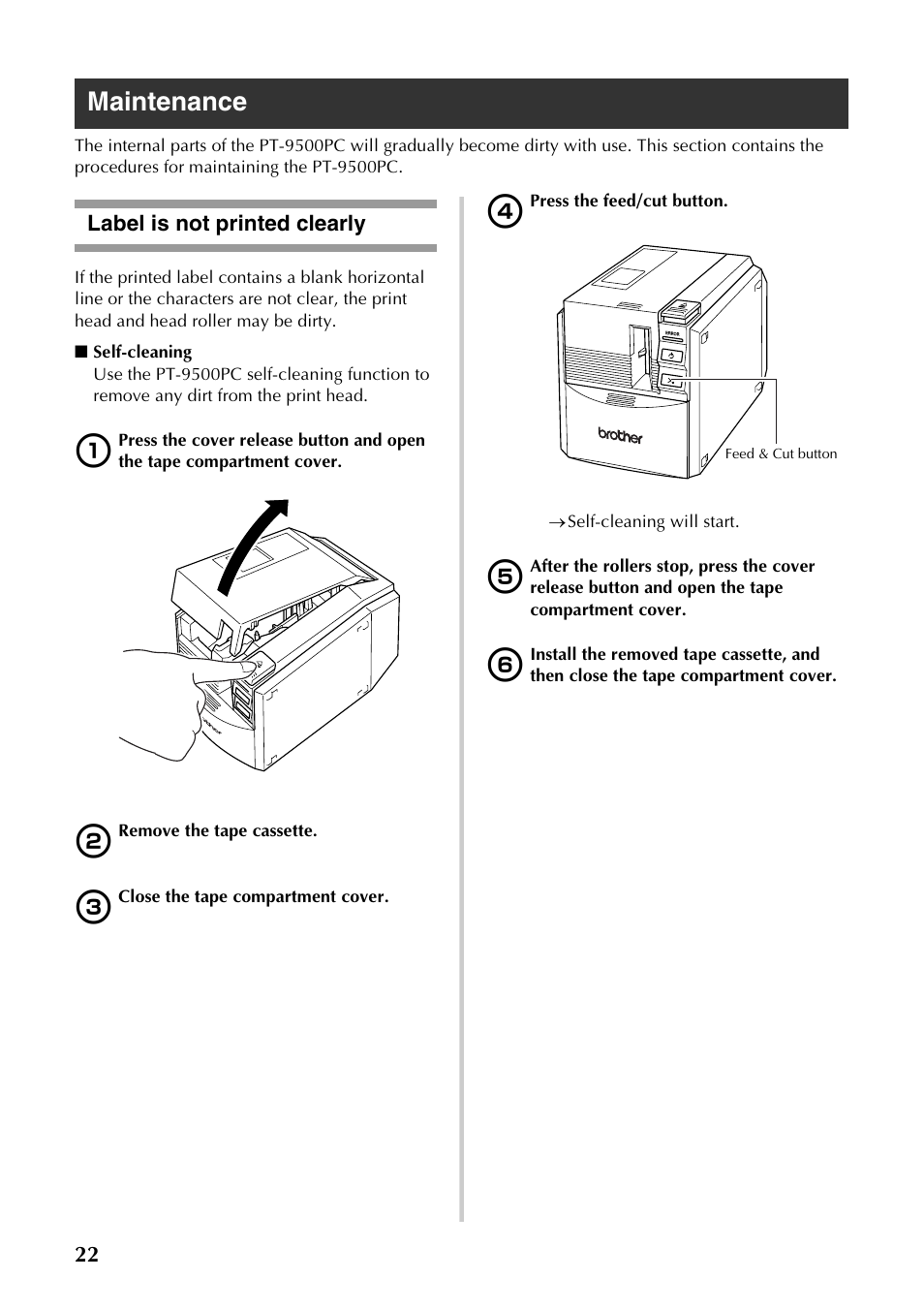 Maintenance, Label is not printed clearly | Brother PT-9500PC User Manual | Page 23 / 62