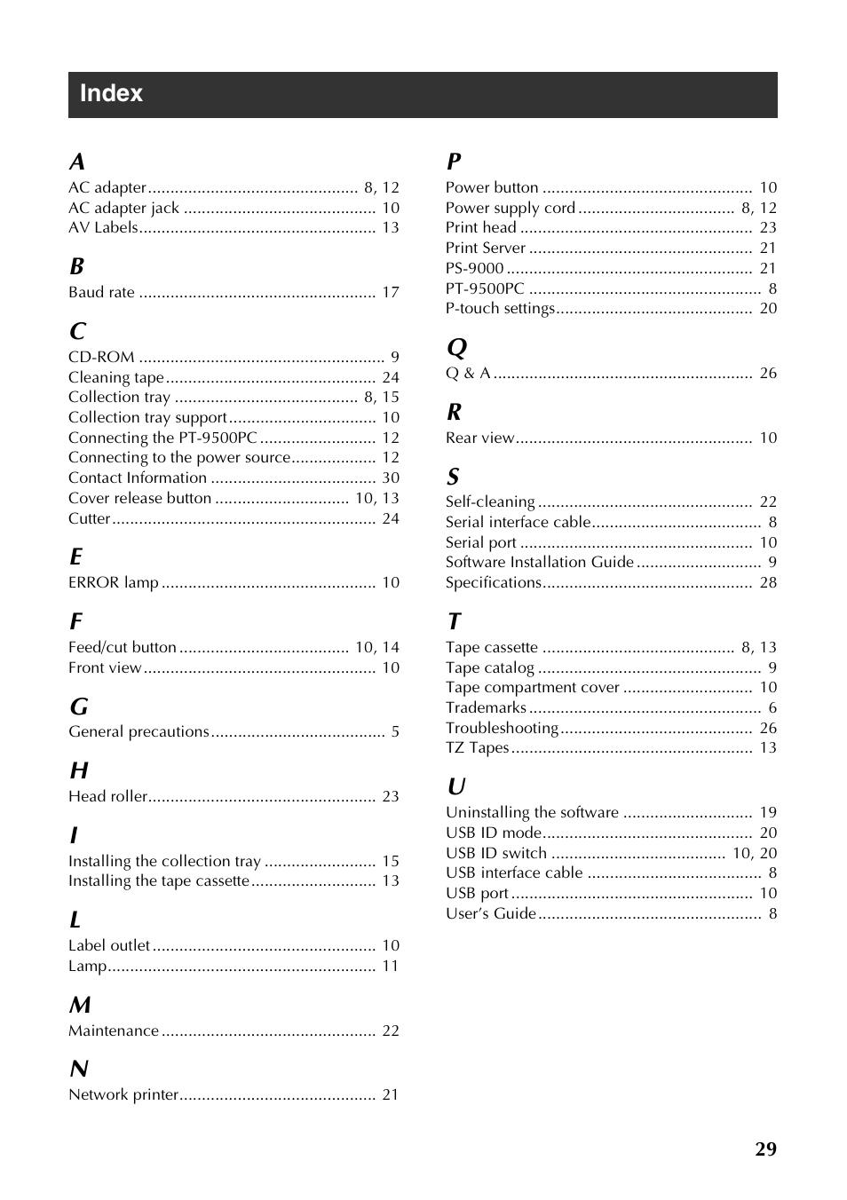 Index, Index a | Brother PT-9500PC User Manual | Page 30 / 62
