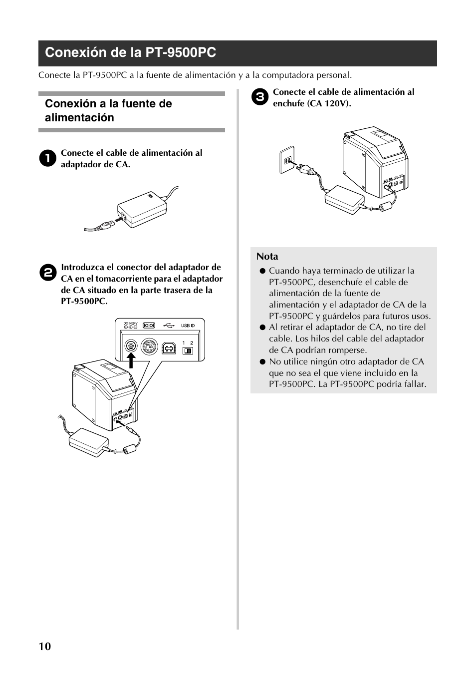 Conexión de la pt-9500pc, Conexión a la fuente de alimentación | Brother PT-9500PC User Manual | Page 41 / 62