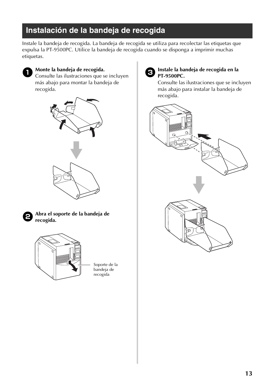 Instalación de la bandeja de recogida | Brother PT-9500PC User Manual | Page 44 / 62