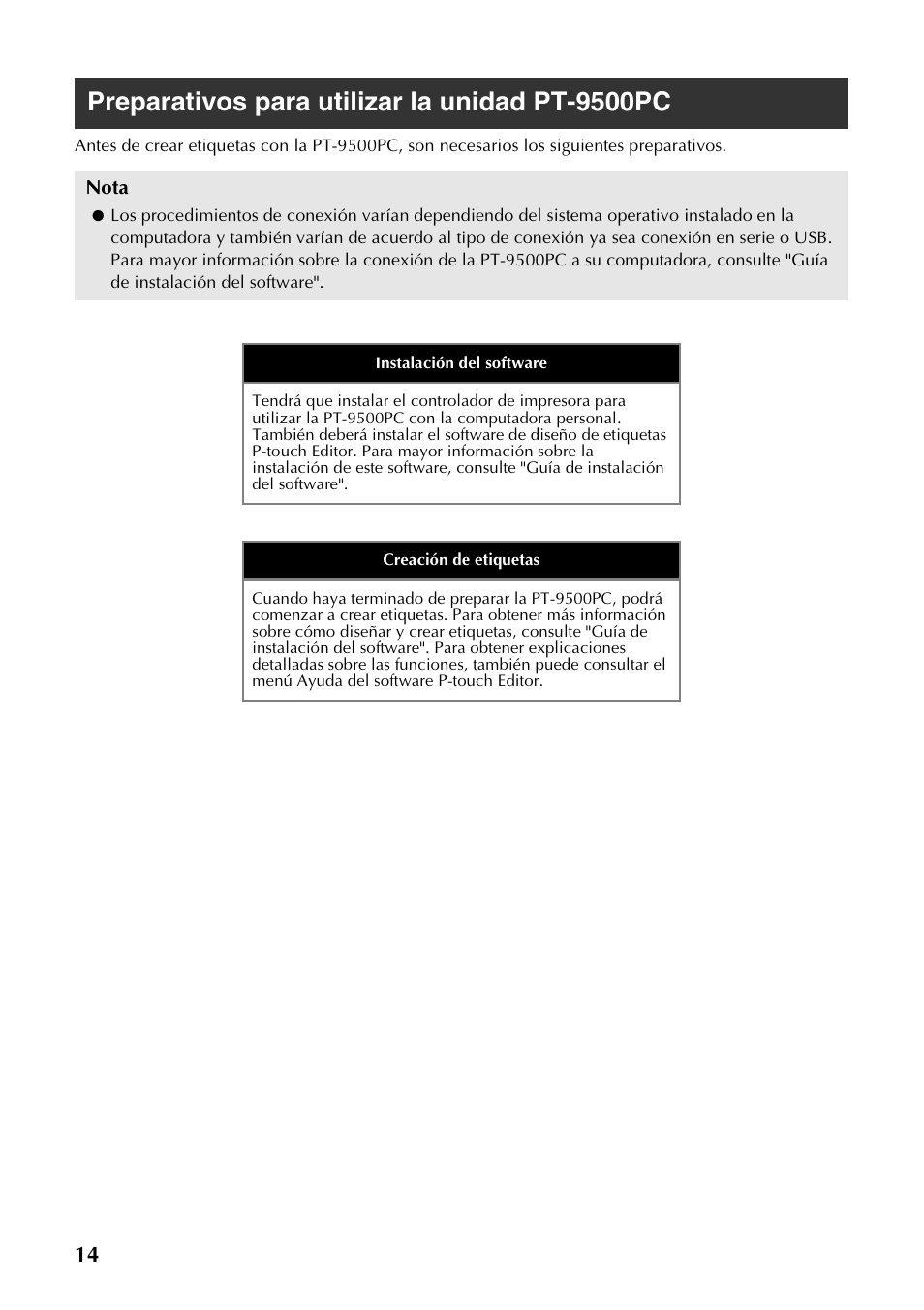 Preparativos para utilizar la unidad pt-9500pc | Brother PT-9500PC User Manual | Page 45 / 62