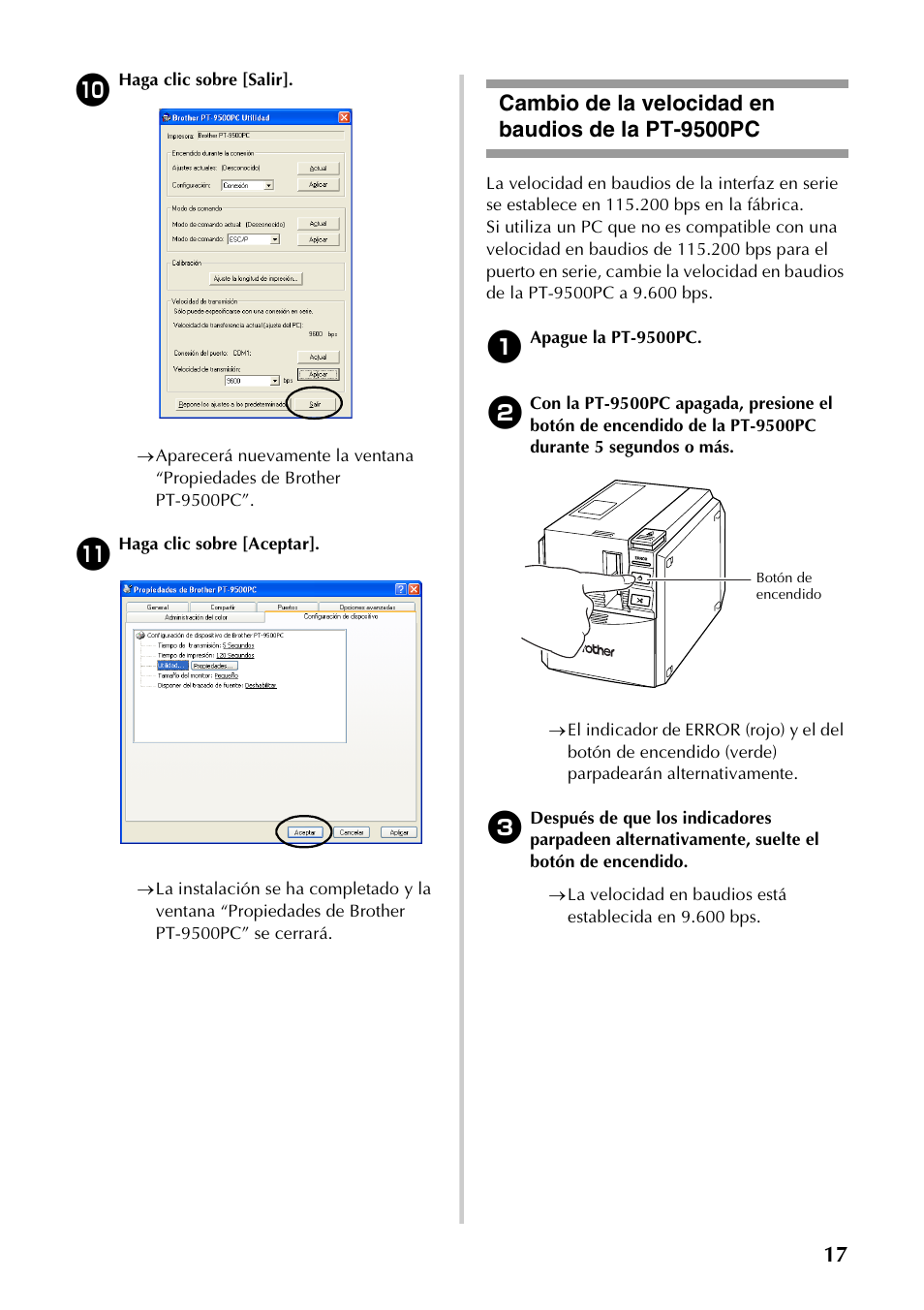 Cambio de la velocidad en baudios de la pt-9500pc | Brother PT-9500PC User Manual | Page 48 / 62