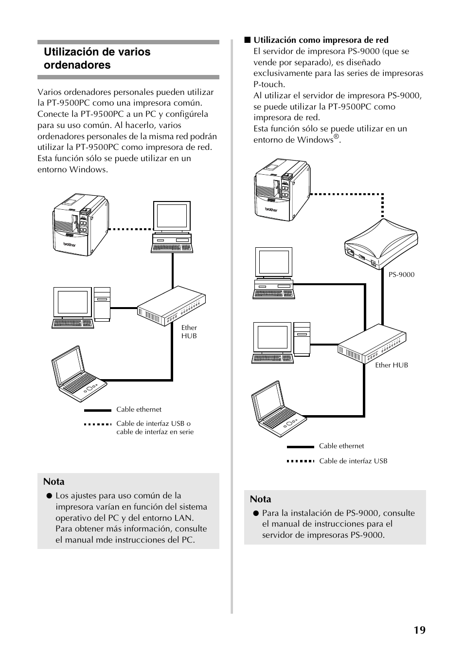 Utilización de varios ordenadores, 19 utilización de varios ordenadores, Nota | Brother PT-9500PC User Manual | Page 50 / 62