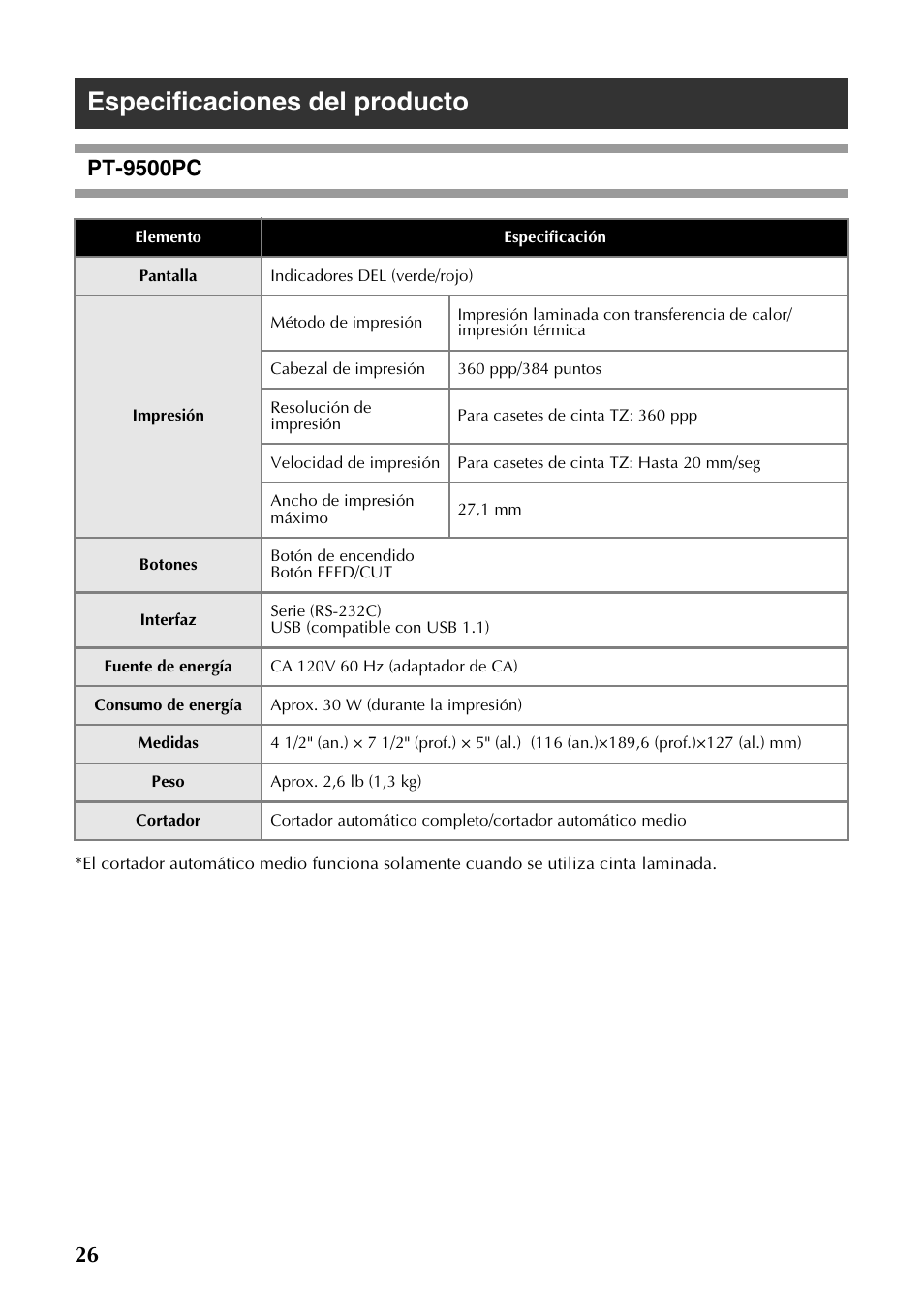 Especificaciones del producto, Pt-9500pc | Brother PT-9500PC User Manual | Page 57 / 62
