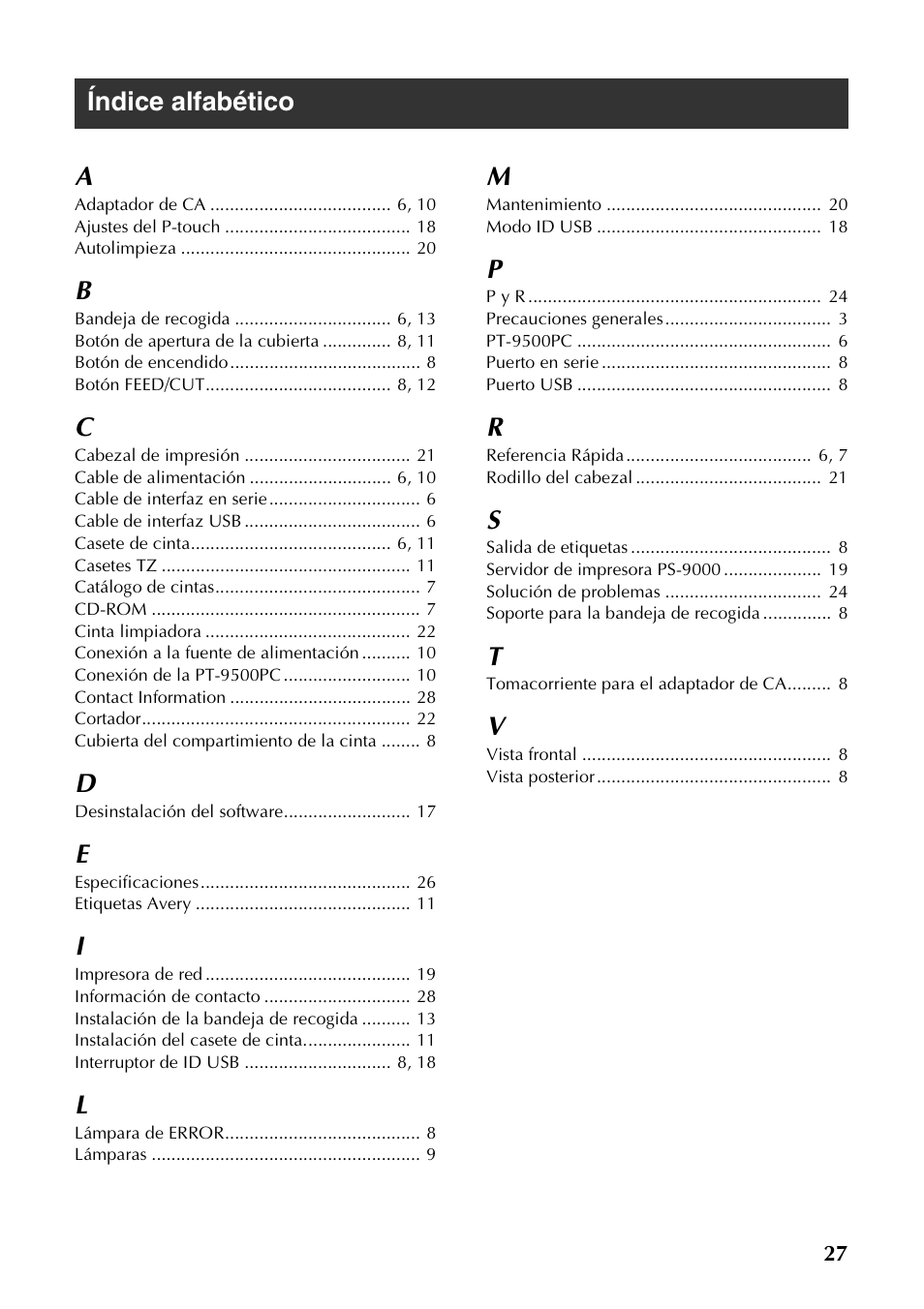 Índice alfabético, Índice alfabético a | Brother PT-9500PC User Manual | Page 58 / 62
