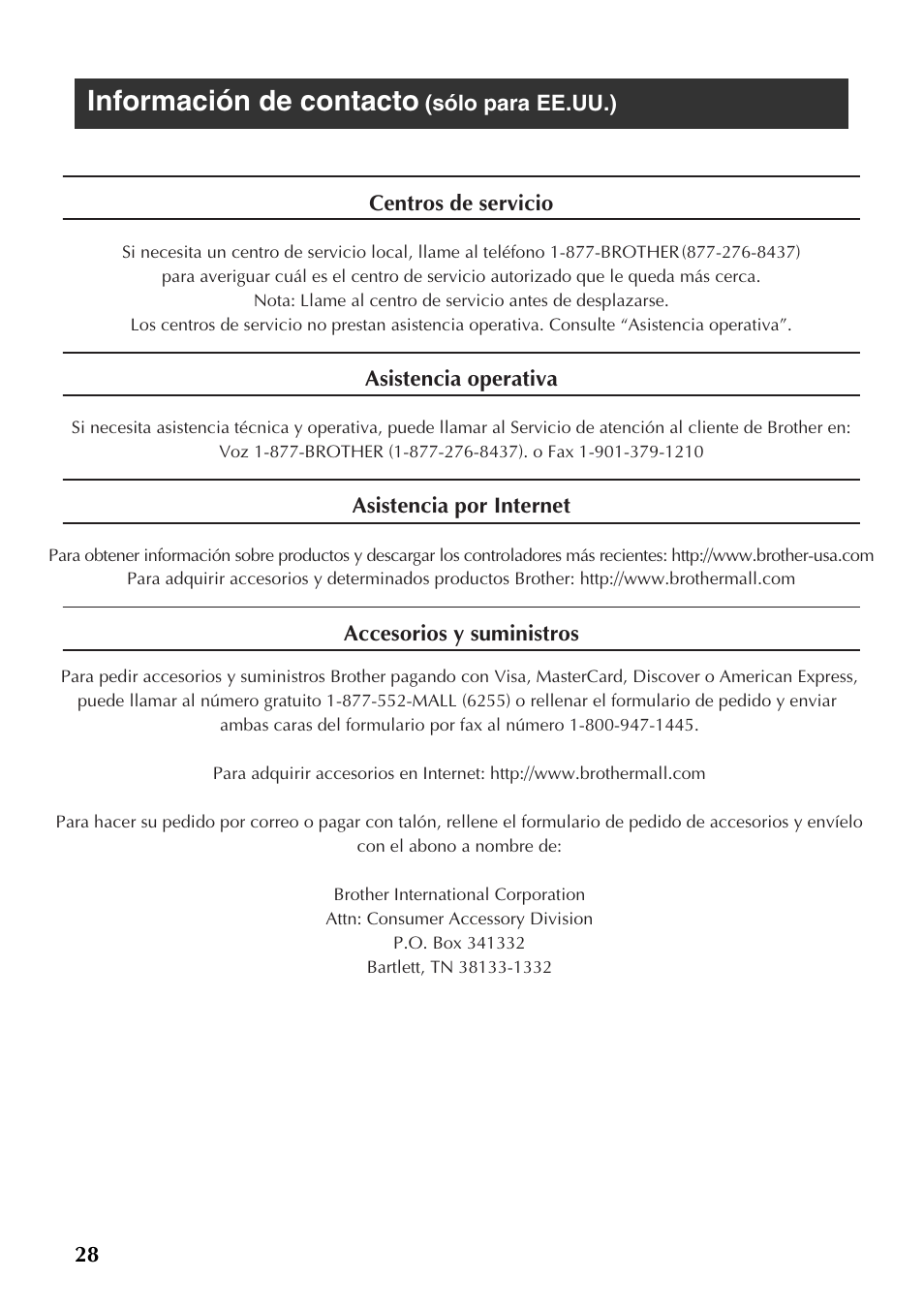 Información de contacto (sólo para ee.uu.), Contact information, Información de contacto | Brother PT-9500PC User Manual | Page 59 / 62