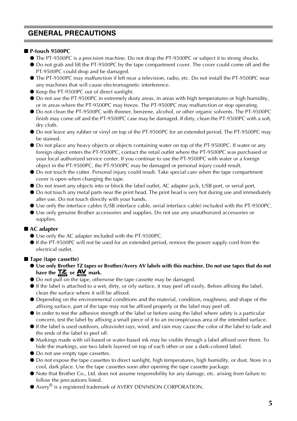 5general precautions | Brother PT-9500PC User Manual | Page 6 / 62