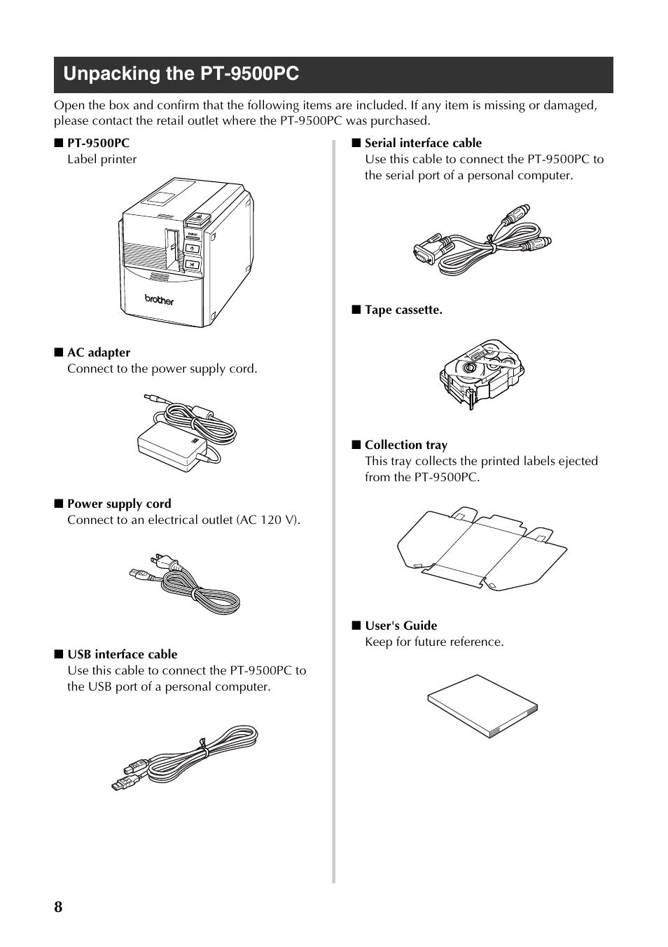 Unpacking the pt-9500pc | Brother PT-9500PC User Manual | Page 9 / 62