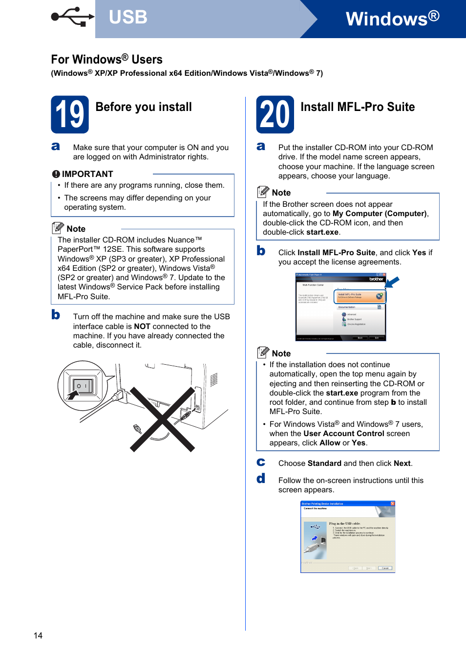 19 before you install, 20 install mfl-pro suite, Windows | For windows, Users, Before you install, Install mfl-pro suite | Brother MFC-7240 User Manual | Page 14 / 20
