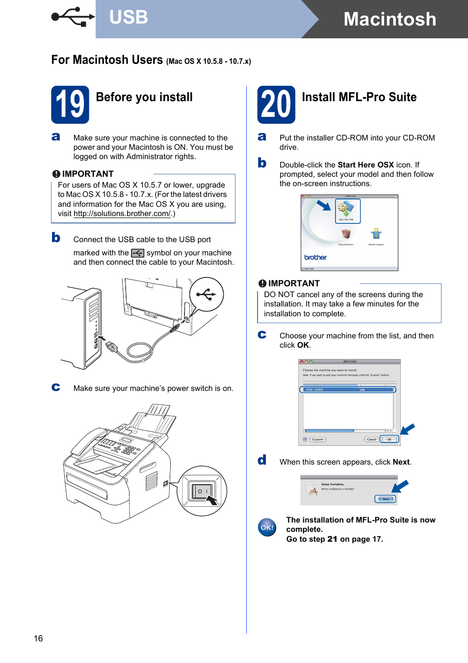 For macintosh users (mac os x 10.5.8 - 10.7.x), 19 before you install, 20 install mfl-pro suite | Macintosh | Brother MFC-7240 User Manual | Page 16 / 20