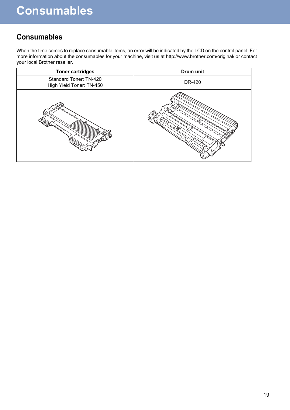 Consumables | Brother MFC-7240 User Manual | Page 19 / 20