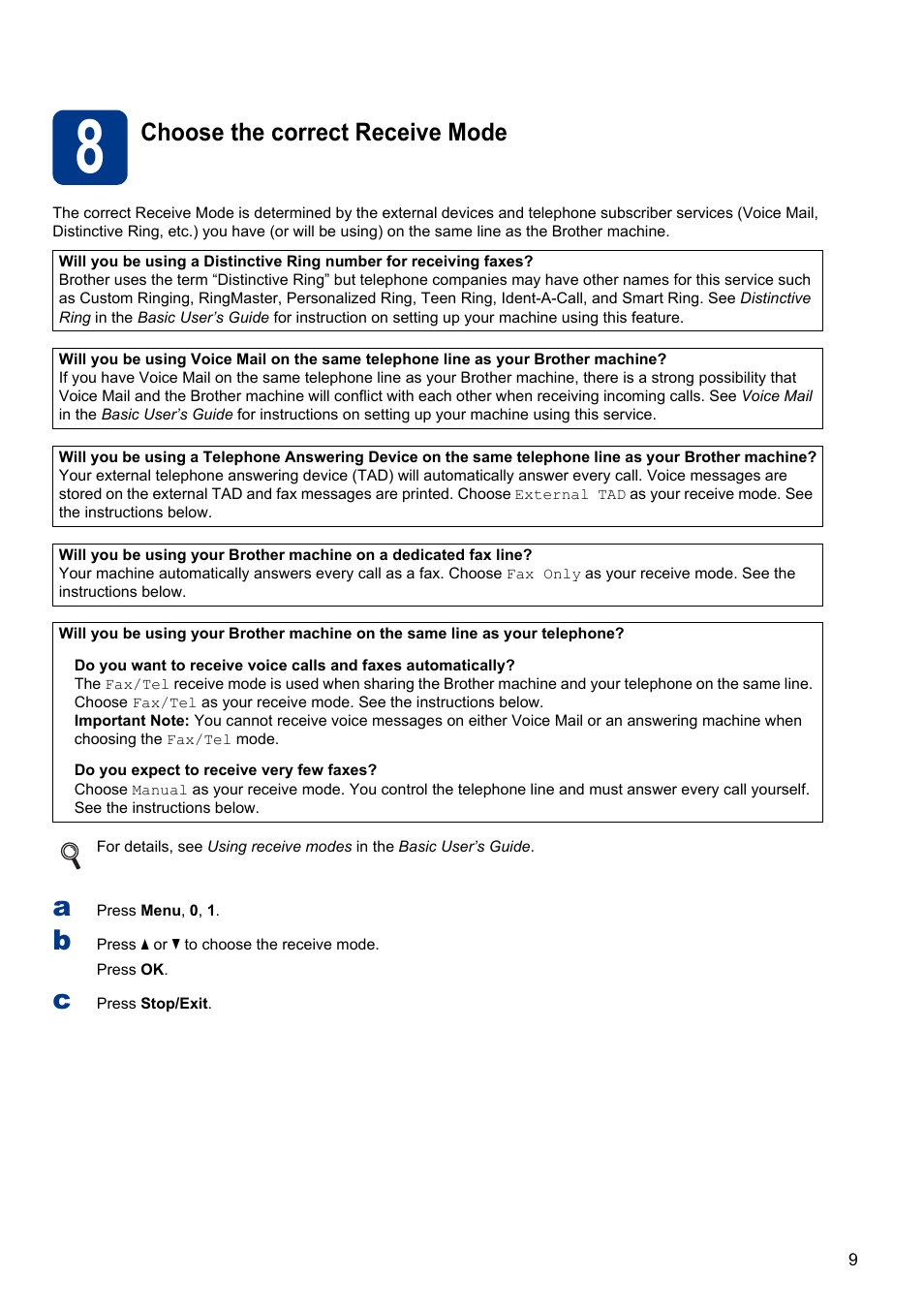 8 choose the correct receive mode, Choose the correct receive mode | Brother MFC-7240 User Manual | Page 9 / 20