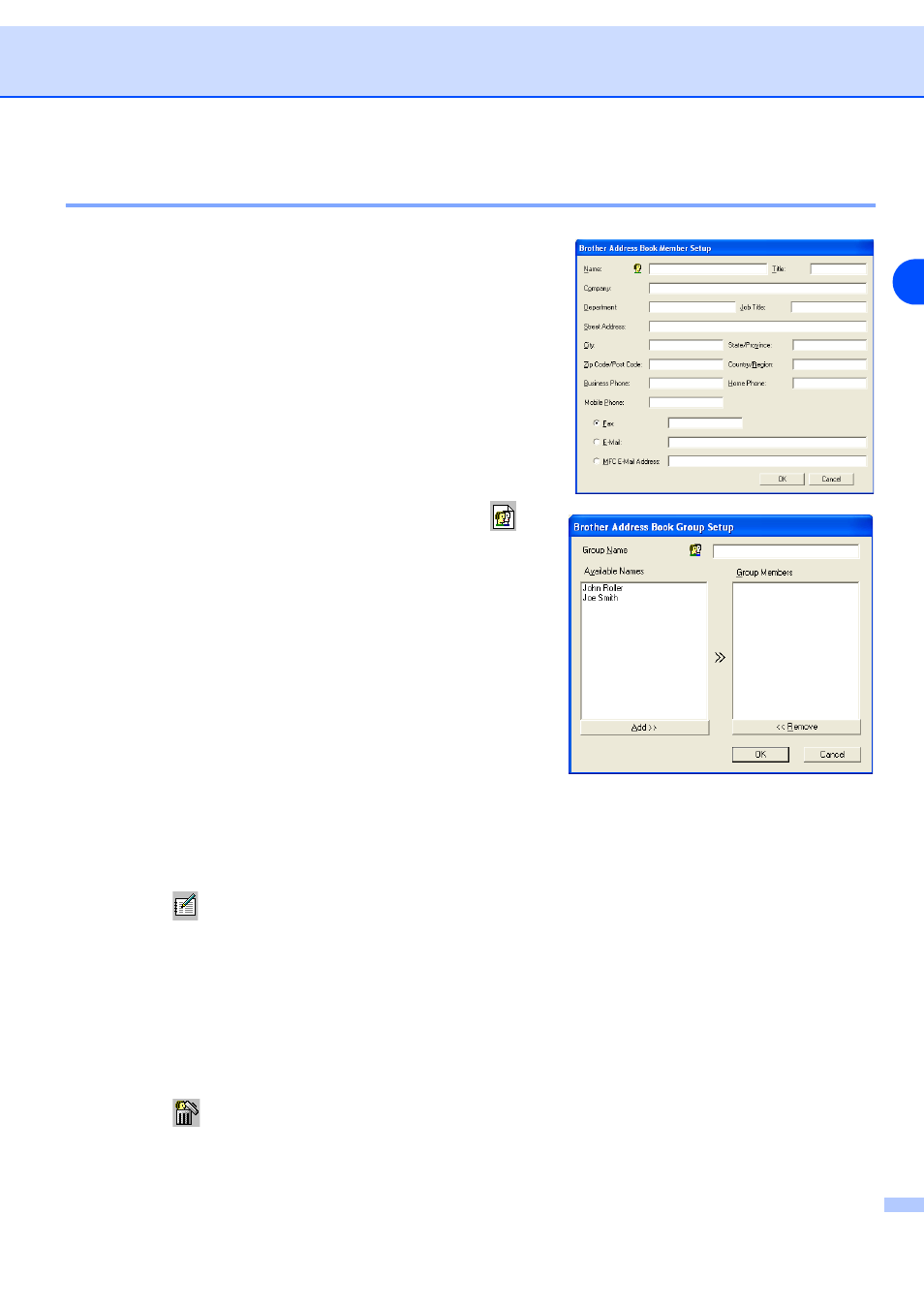 Setting up a group for broadcasting, Editing member information, Deleting a member or group | Setting up a group for broadcasting -8 | Brother MFC-9420CN User Manual | Page 75 / 94