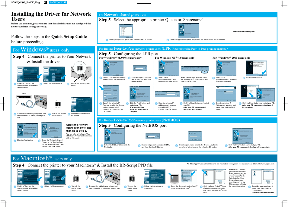 Macintosh, Windows, Installing the driver for network users | Step 4 connect the printer to your macintosh, Users only, Peer-to-peer, Netbios), Network shared | Brother HL-1470N User Manual | Page 2 / 2