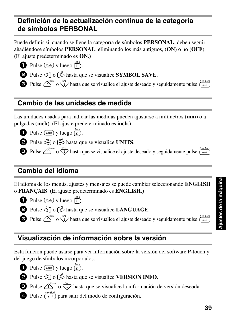 Cambio de las unidades de medida, Cambio del idioma, Visualización de información sobre la versión | Brother PT-1600 User Manual | Page 101 / 116