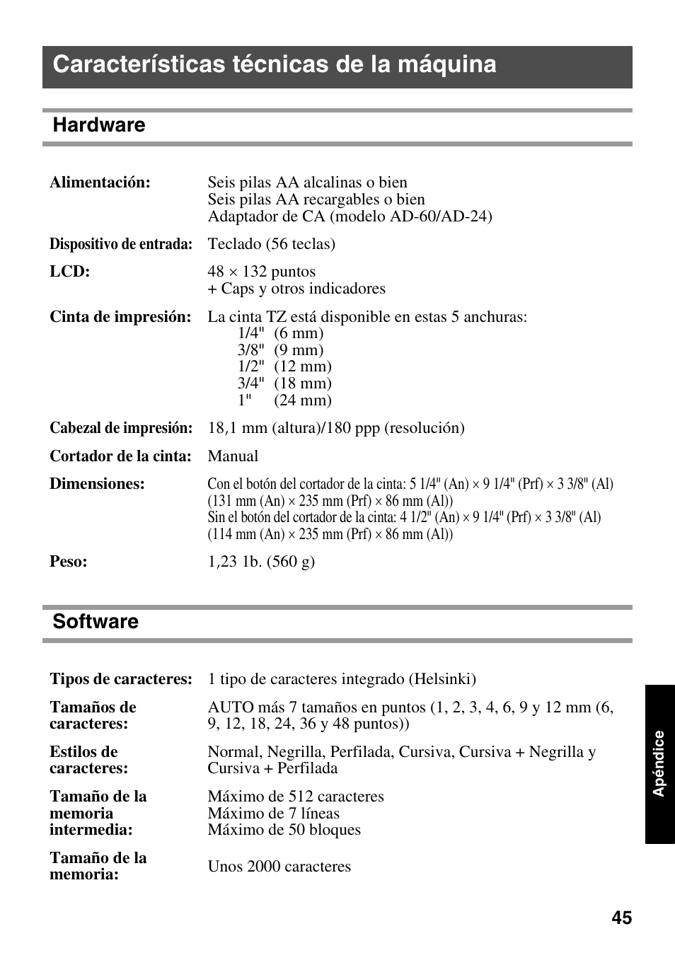 Características técnicas de la máquina, Hardware software | Brother PT-1600 User Manual | Page 107 / 116