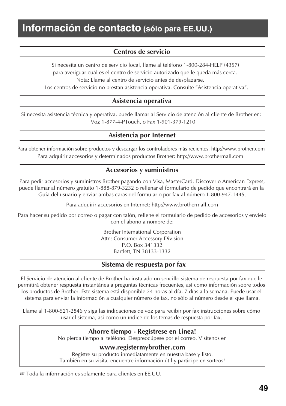 Información de contacto, Sólo para ee.uu.) | Brother PT-1600 User Manual | Page 111 / 116