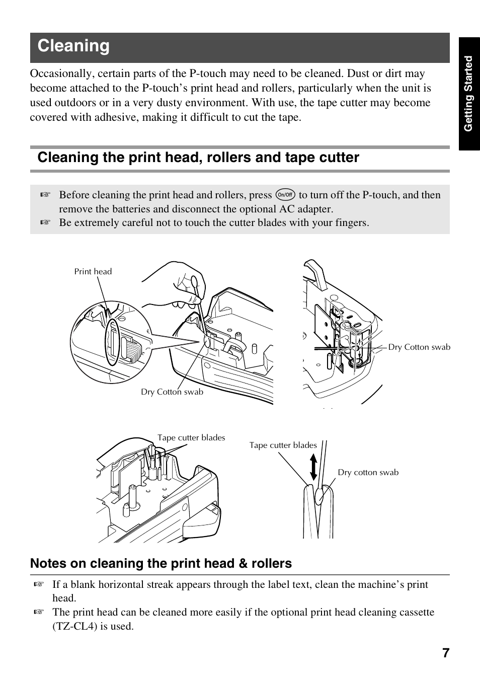 Cleaning, Cleaning the print head, rollers and tape cutter | Brother PT-1600 User Manual | Page 15 / 116