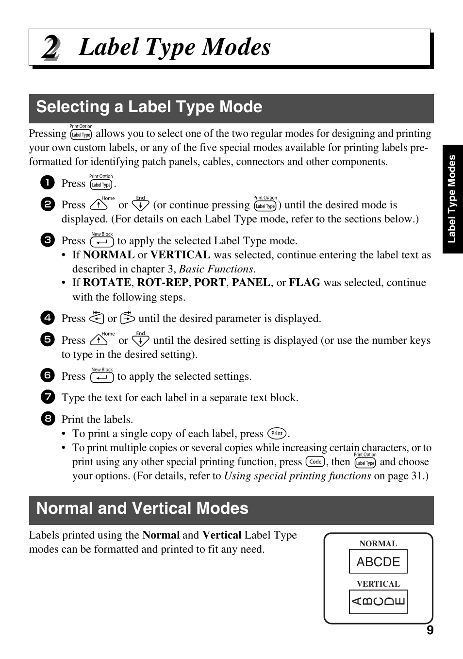 Label type modes, Selecting a label type mode, Normal and vertical modes | Brother PT-1600 User Manual | Page 17 / 116