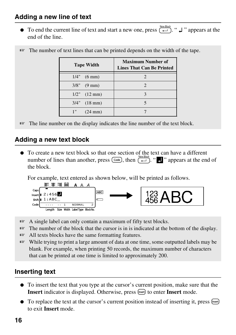 16 adding a new line of text, Adding a new text block, Inserting text | Brother PT-1600 User Manual | Page 24 / 116