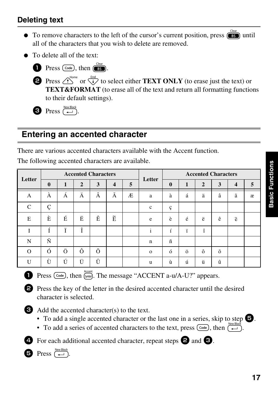 Entering an accented character, Deleting text, Press g, then b | Press n | Brother PT-1600 User Manual | Page 25 / 116