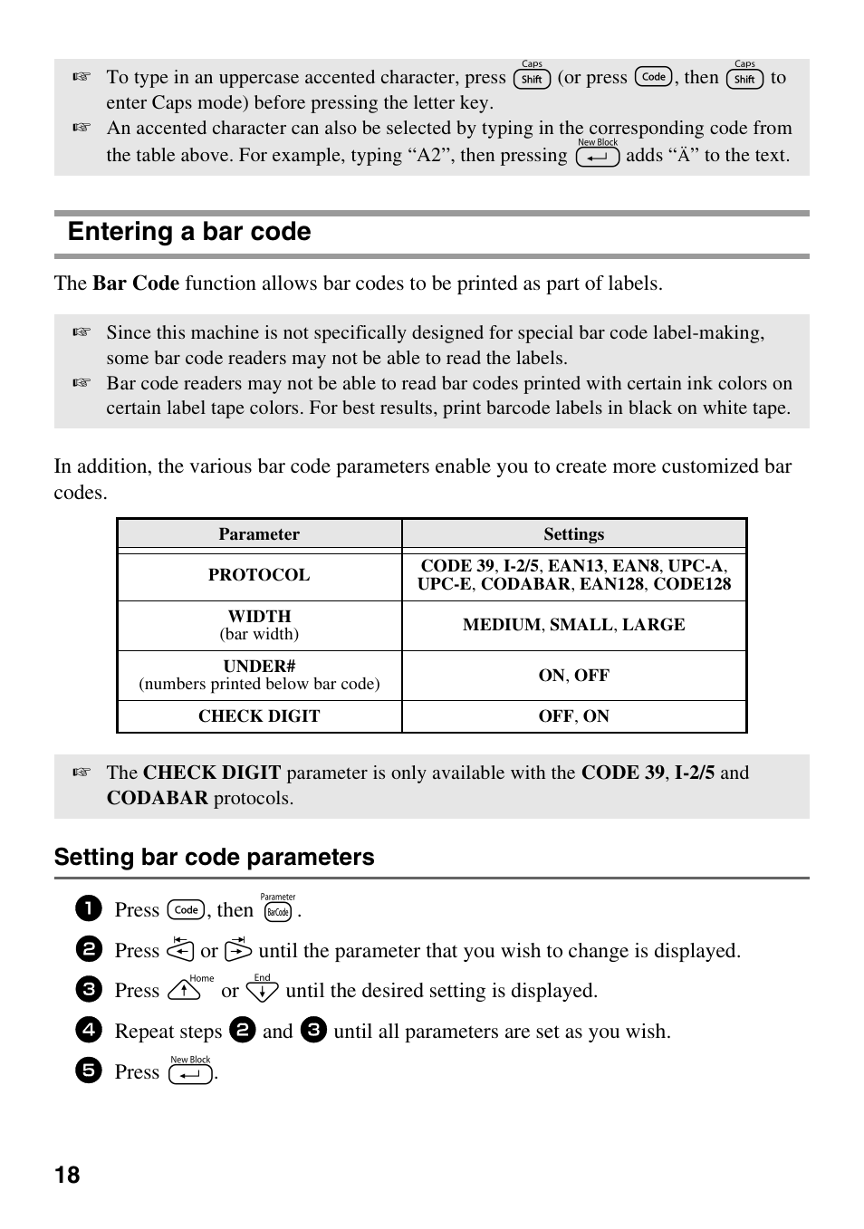 Entering a bar code, Setting bar code parameters | Brother PT-1600 User Manual | Page 26 / 116