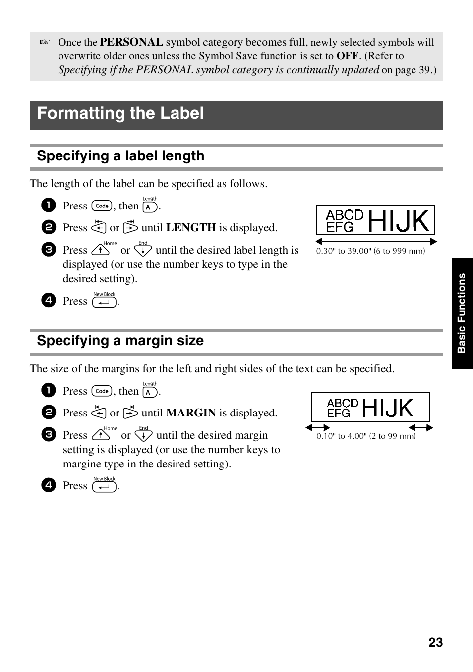 Formatting the label, Specifying a label length, Specifying a margin size | Brother PT-1600 User Manual | Page 31 / 116