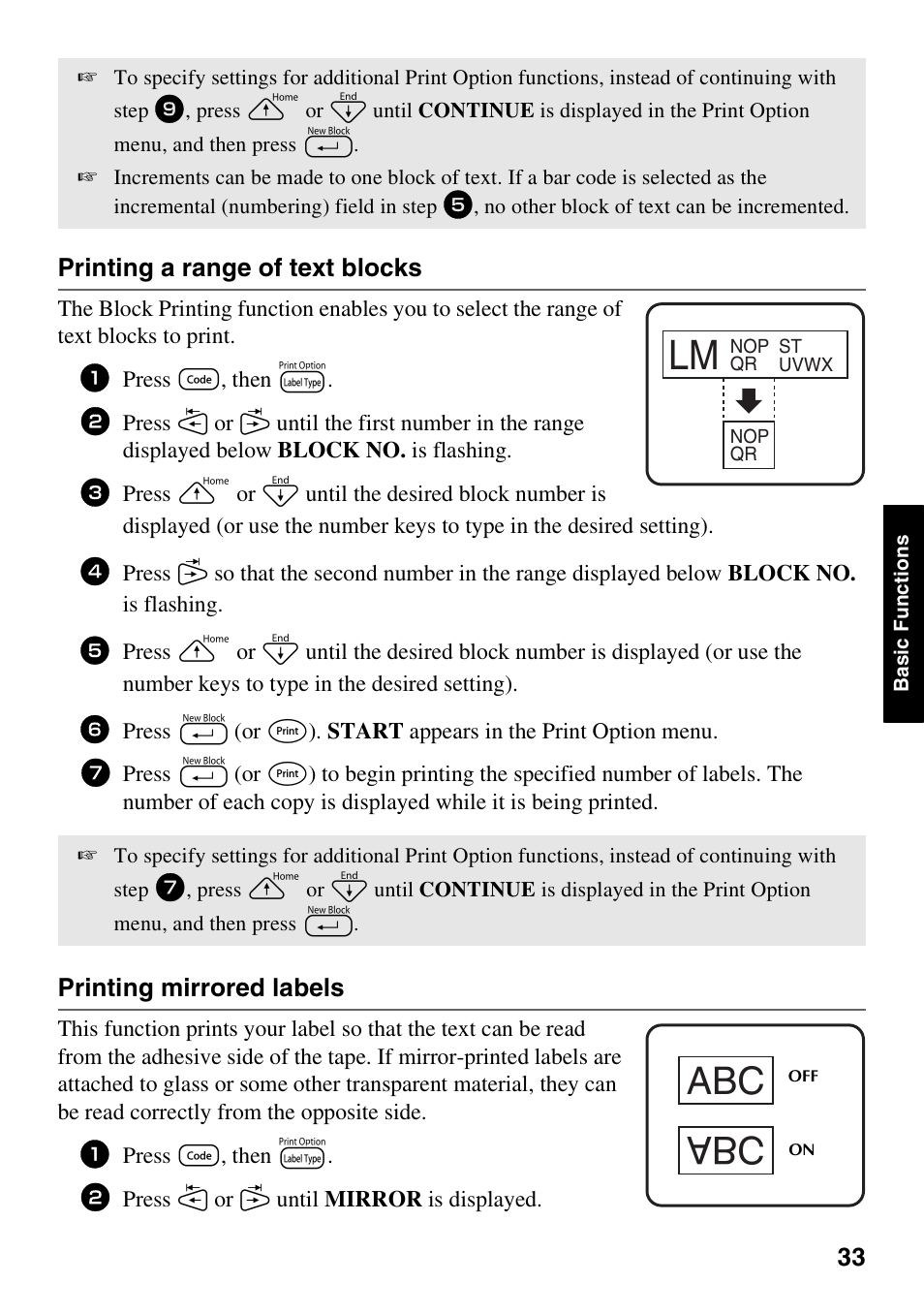 Printing a range of text blocks, Printing mirrored labels | Brother PT-1600 User Manual | Page 41 / 116