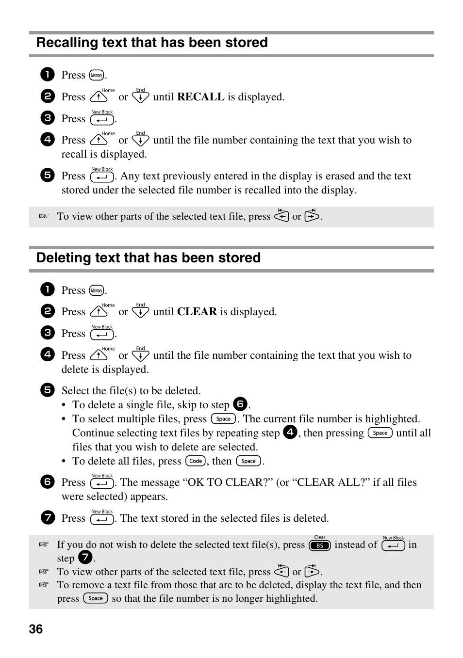 Recalling text that has been stored, Deleting text that has been stored | Brother PT-1600 User Manual | Page 44 / 116