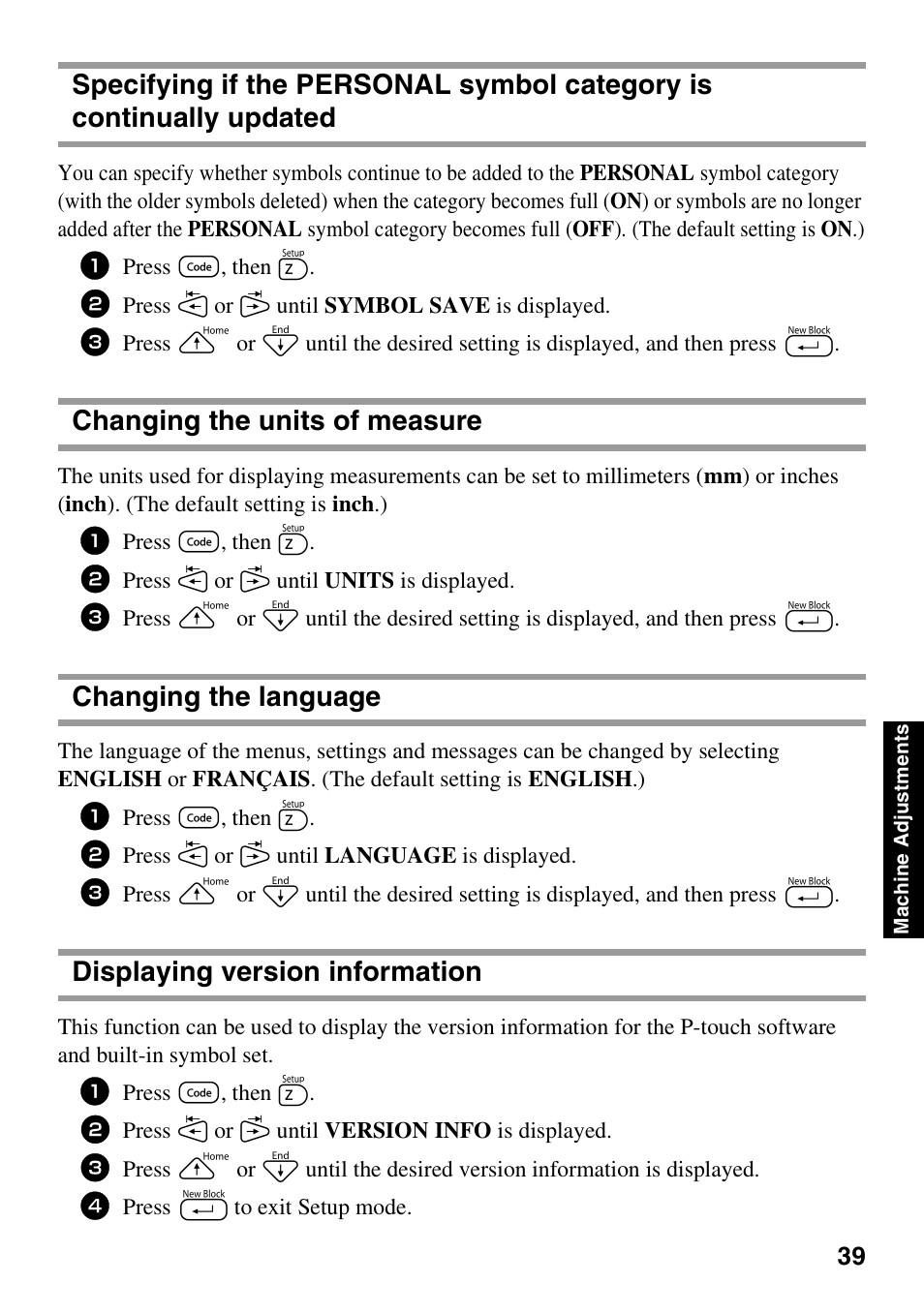 Changing the units of measure, Changing the language, Displaying version information | Brother PT-1600 User Manual | Page 47 / 116