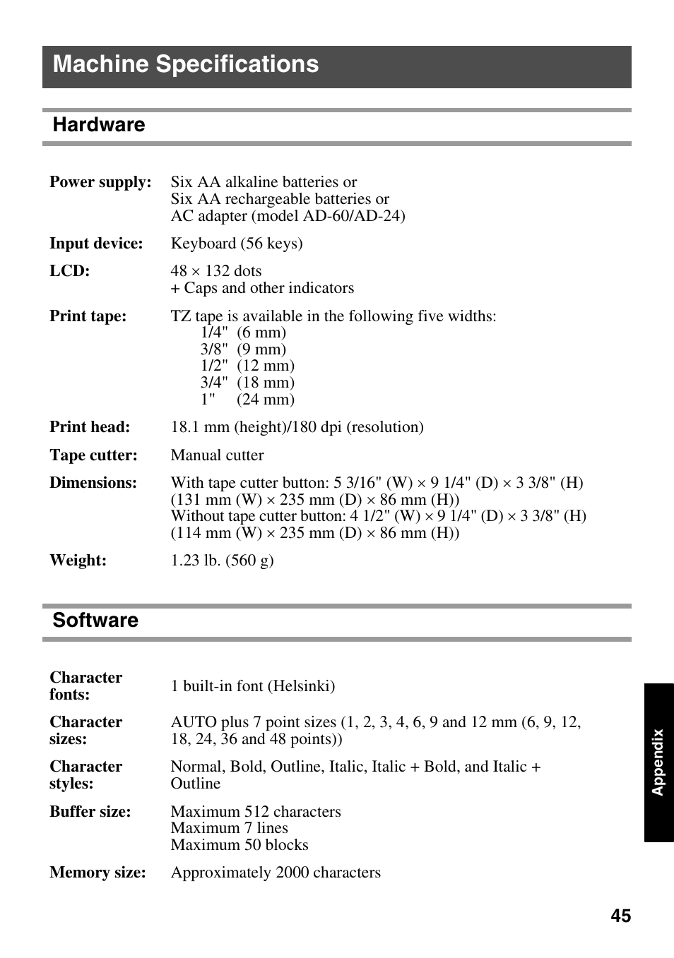 Machine specifications, Hardware software | Brother PT-1600 User Manual | Page 53 / 116