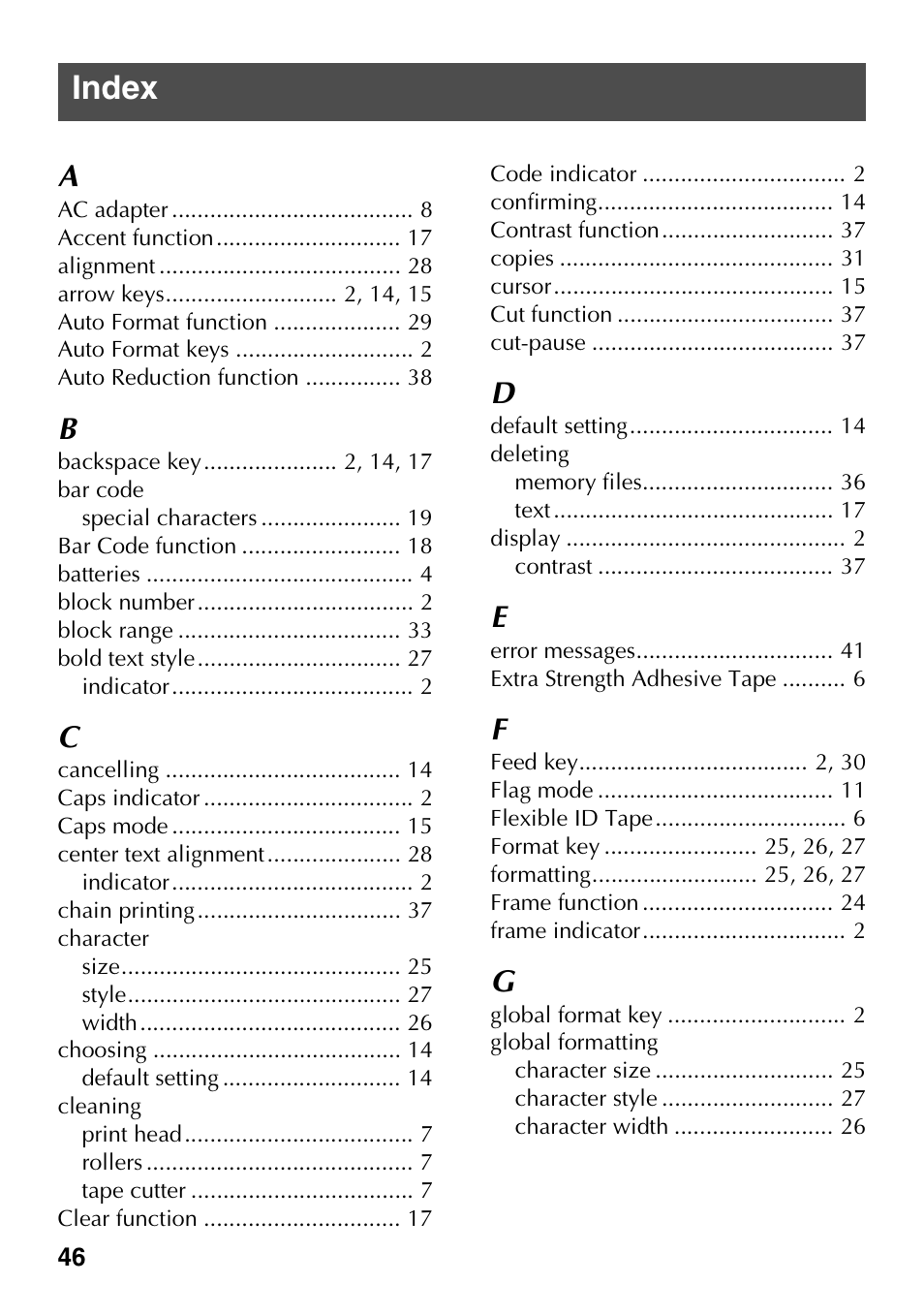 Index | Brother PT-1600 User Manual | Page 54 / 116