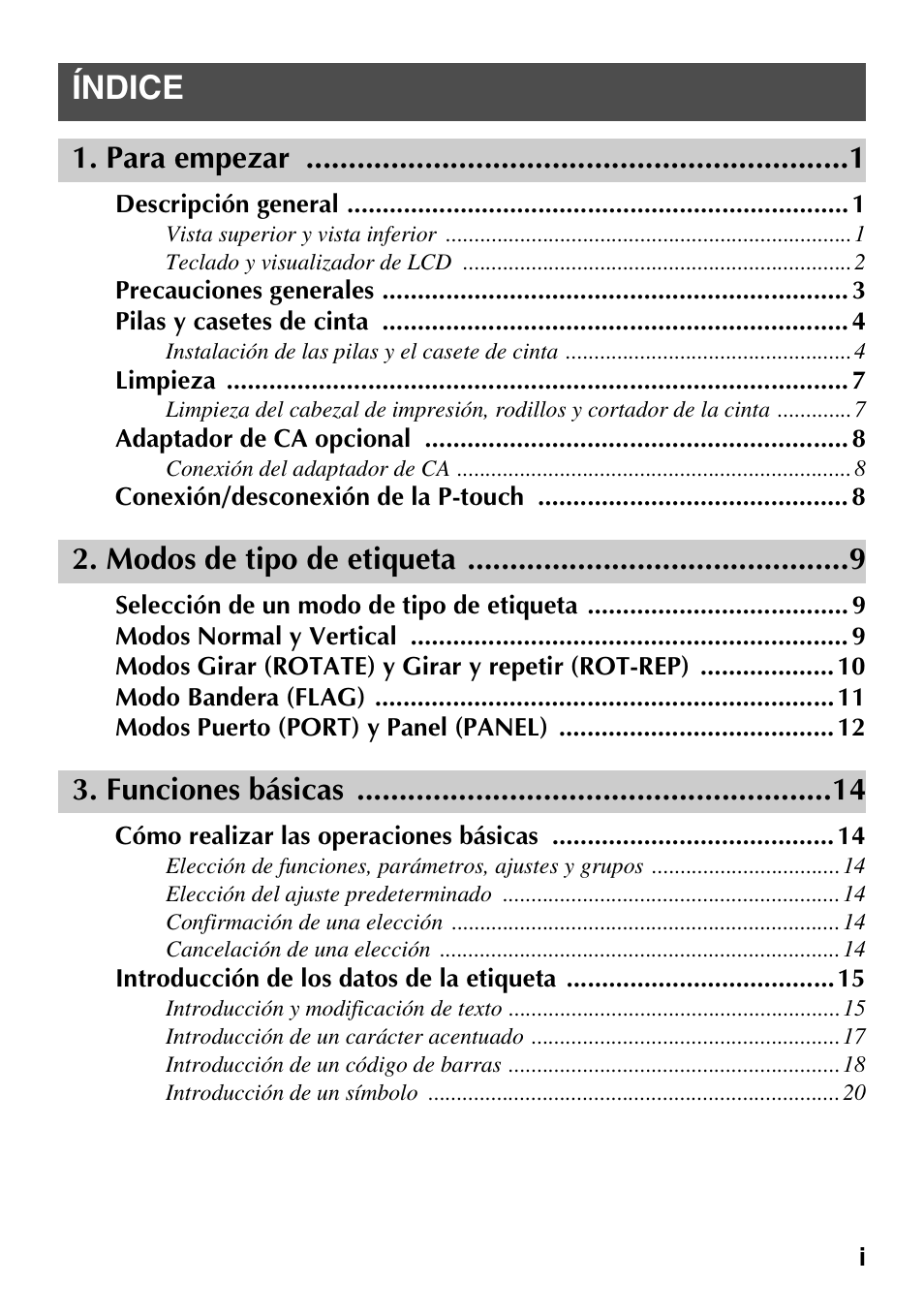 Índice, Para empezar, Modos de tipo de etiqueta | Funciones básicas | Brother PT-1600 User Manual | Page 61 / 116