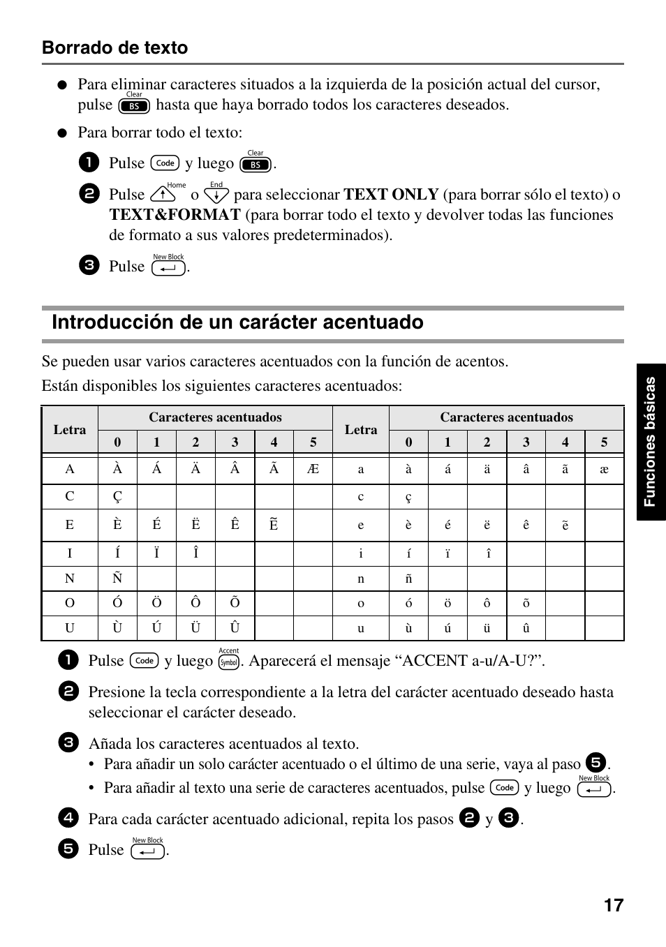 Introducción de un carácter acentuado, Borrado de texto, Para borrar todo el texto | Pulse g y luego b, Pulse n | Brother PT-1600 User Manual | Page 79 / 116