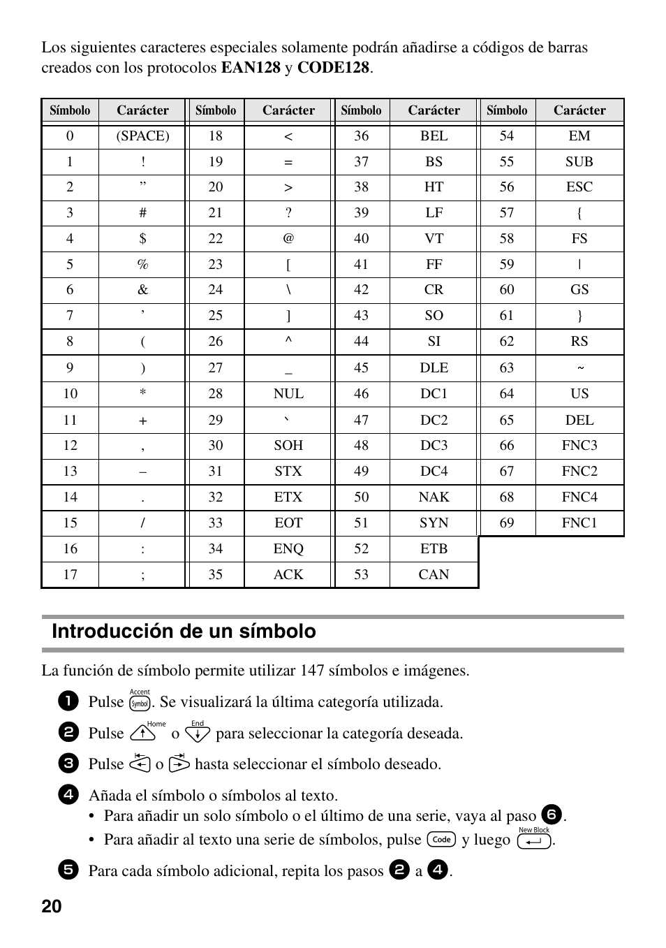 Introducción de un símbolo | Brother PT-1600 User Manual | Page 82 / 116