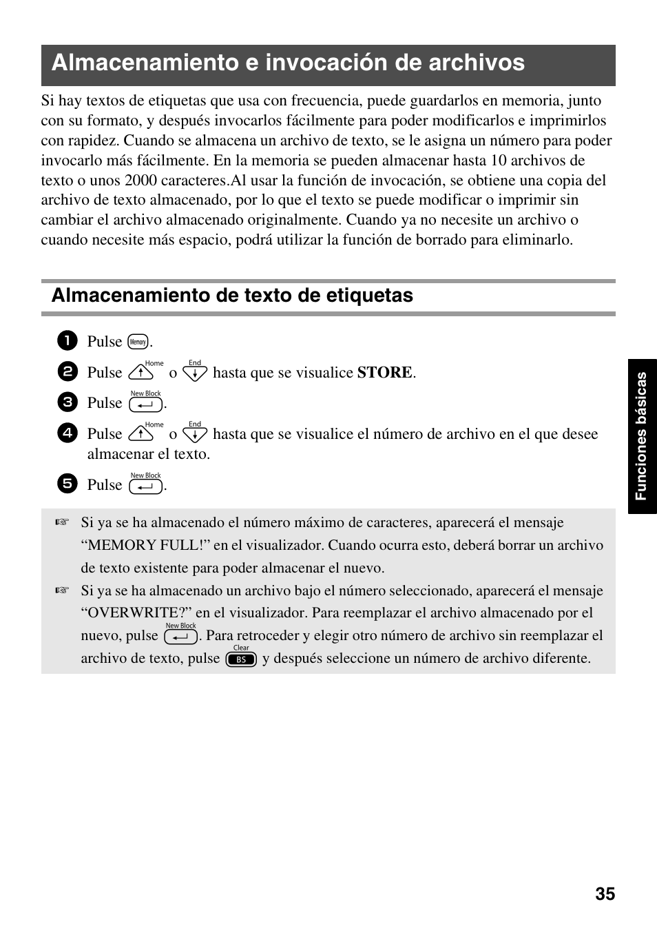 Almacenamiento e invocación de archivos, Almacenamiento de texto de etiquetas | Brother PT-1600 User Manual | Page 97 / 116