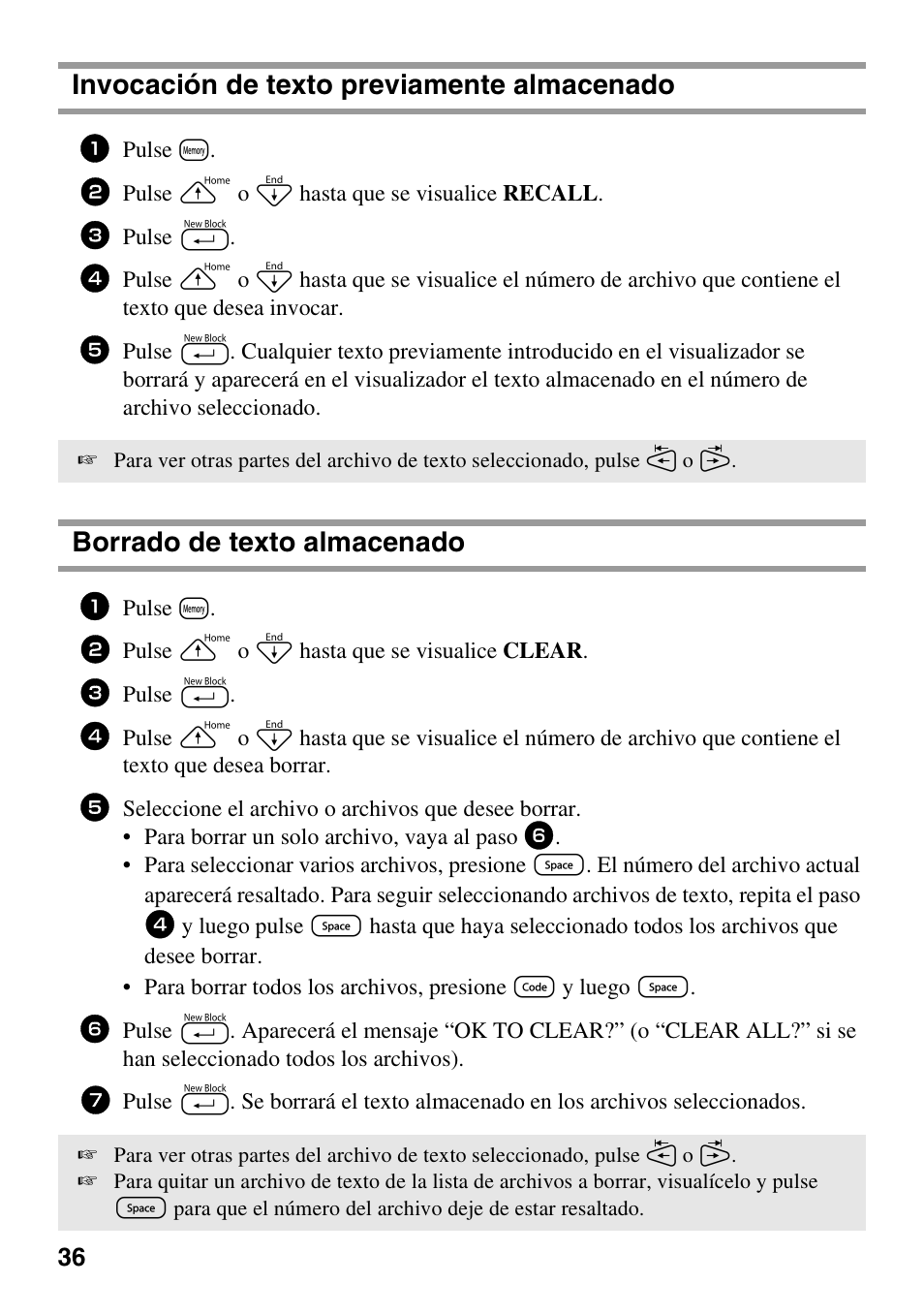 Invocación de texto previamente almacenado, Borrado de texto almacenado | Brother PT-1600 User Manual | Page 98 / 116