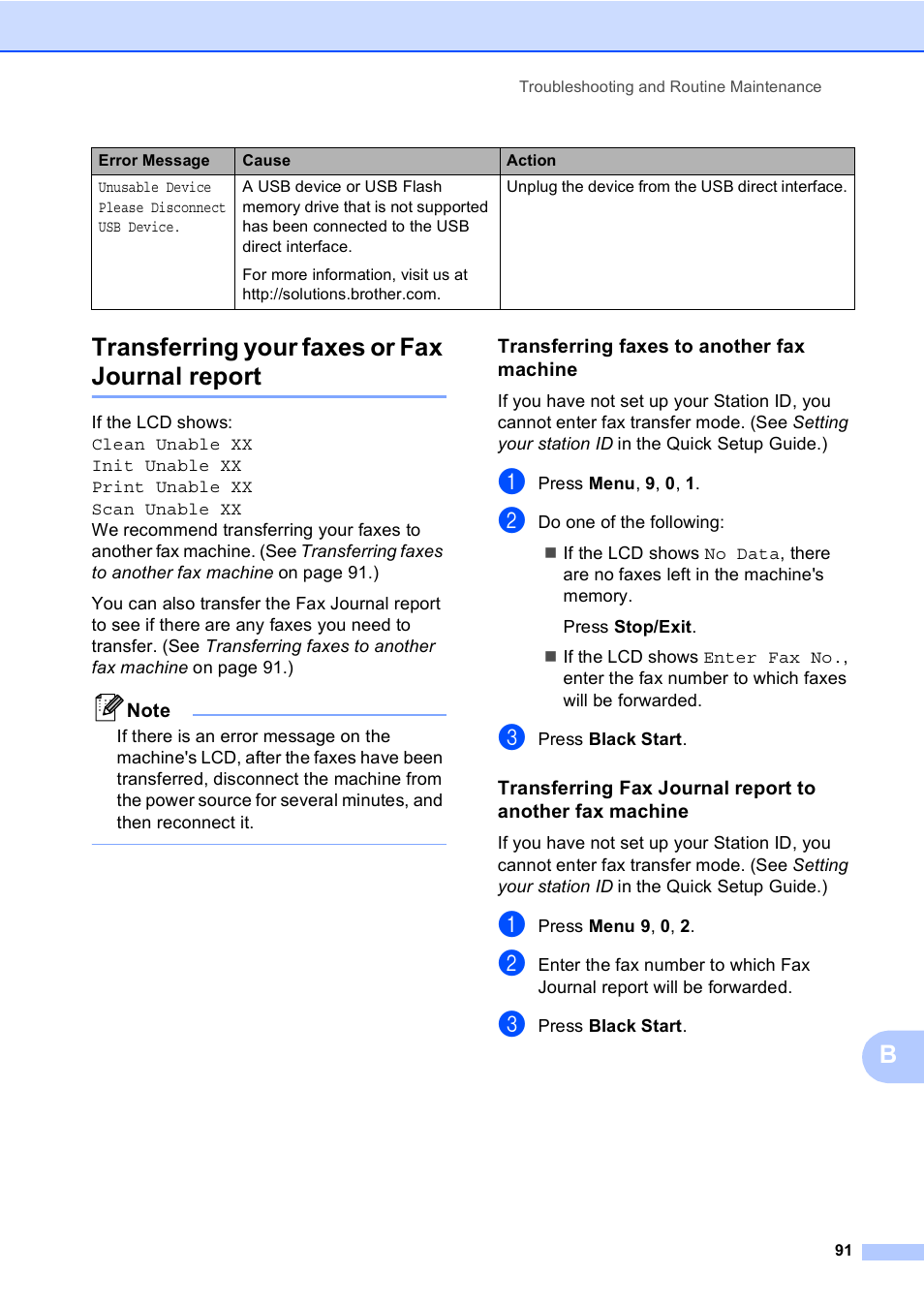 Transferring your faxes or fax journal report, Transferring faxes to another fax machine, Btransferring your faxes or fax journal report | Brother MFC-230C User Manual | Page 107 / 148