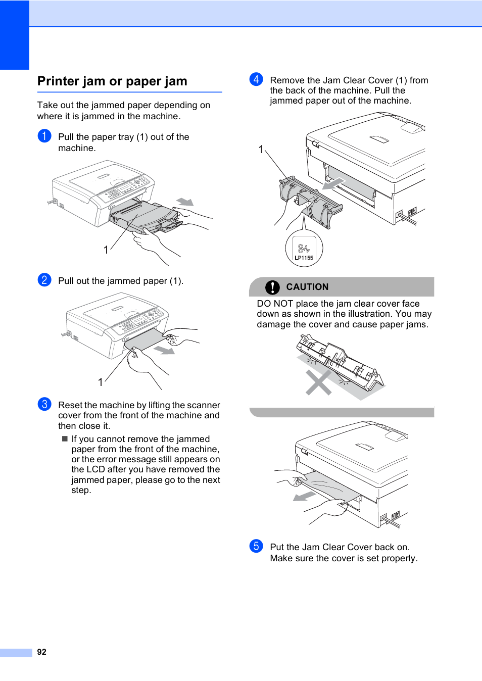 Printer jam or paper jam | Brother MFC-230C User Manual | Page 108 / 148